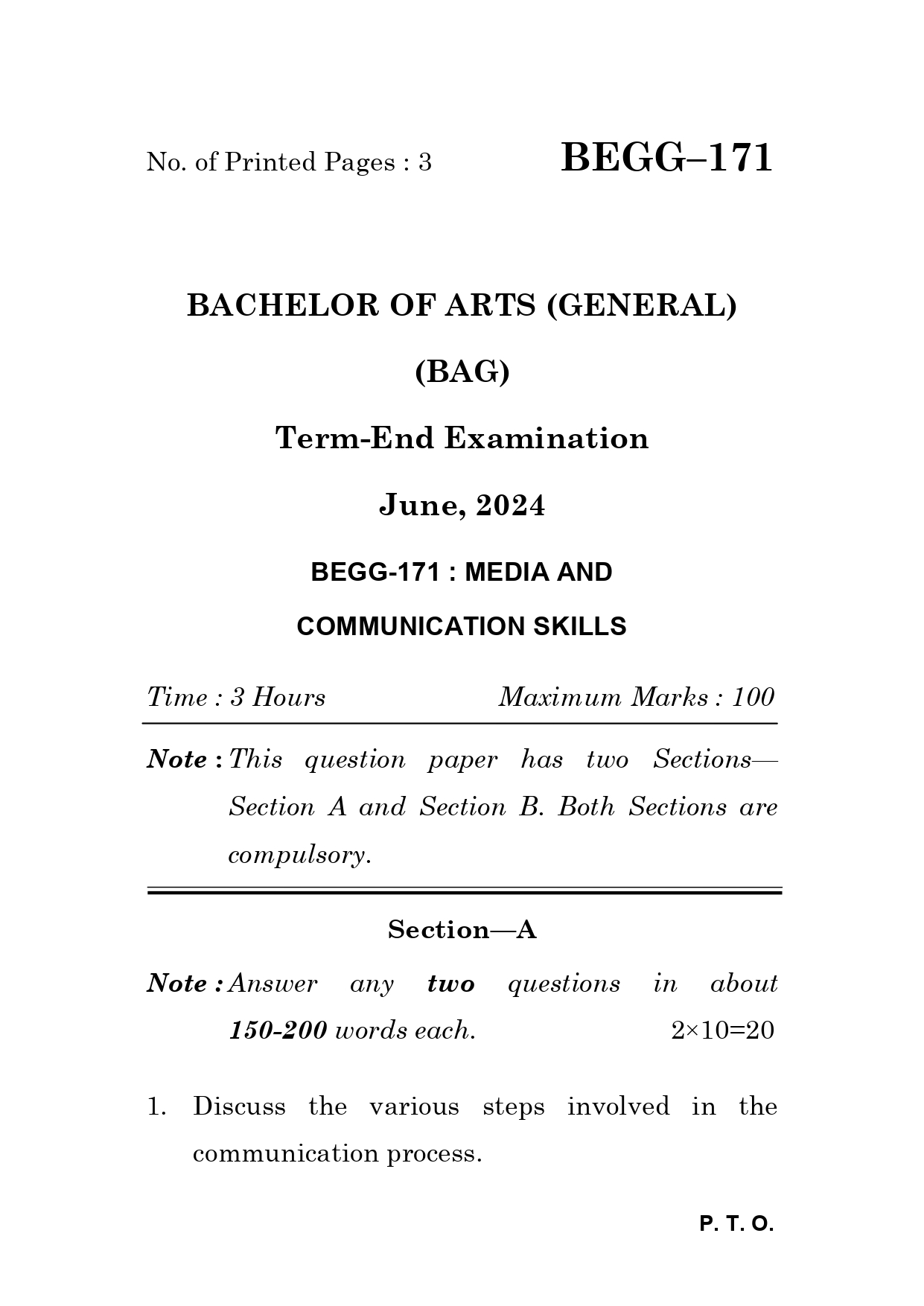 IGNOU BEGG 171 Solved Previous Year Question Paper – June 2024 (English Medium) – Download PDF