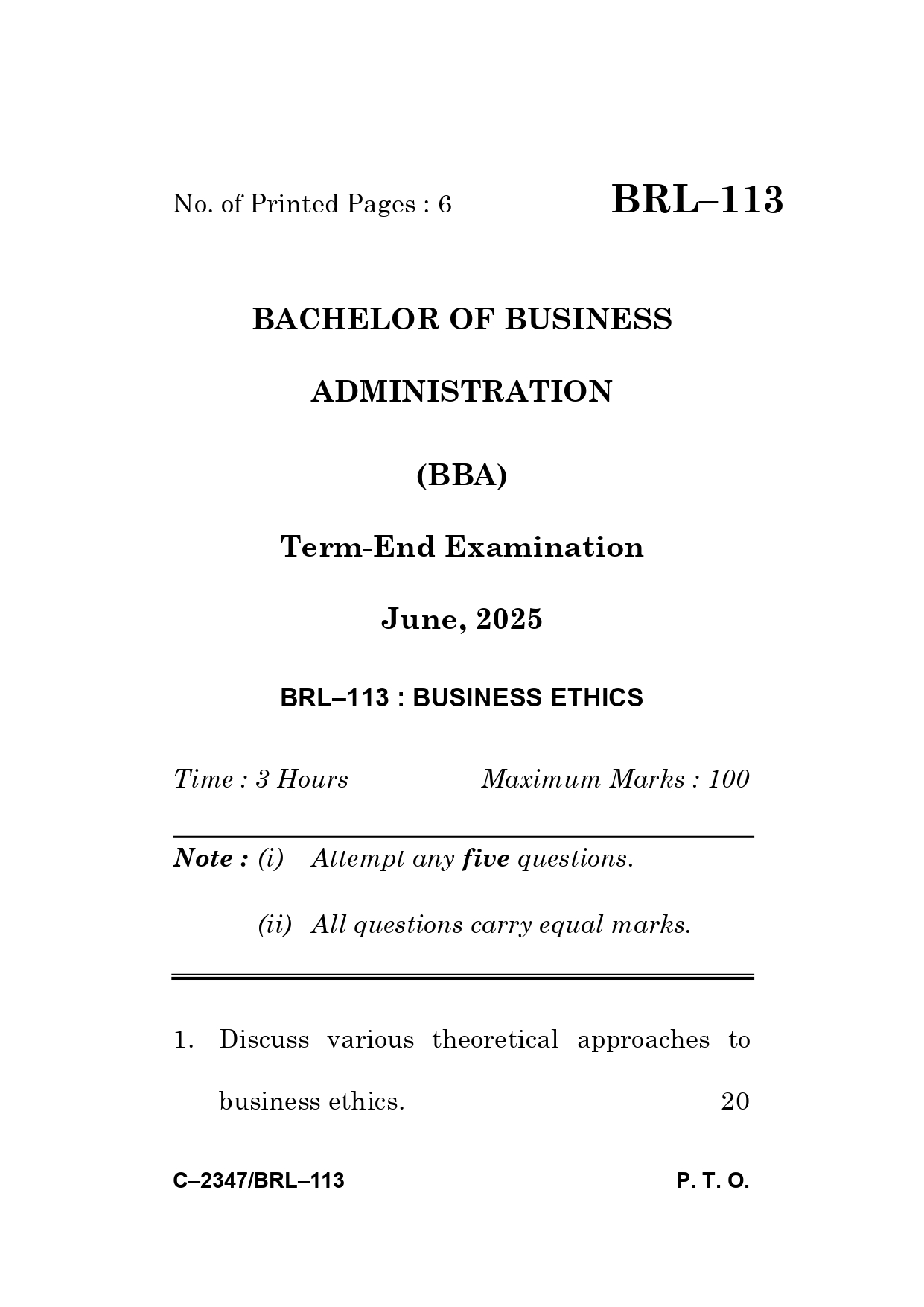 IGNOU BRL 113 Solved Previous Year Question Paper –JUNE 2025 (ENGLISH Medium) – Download PDF