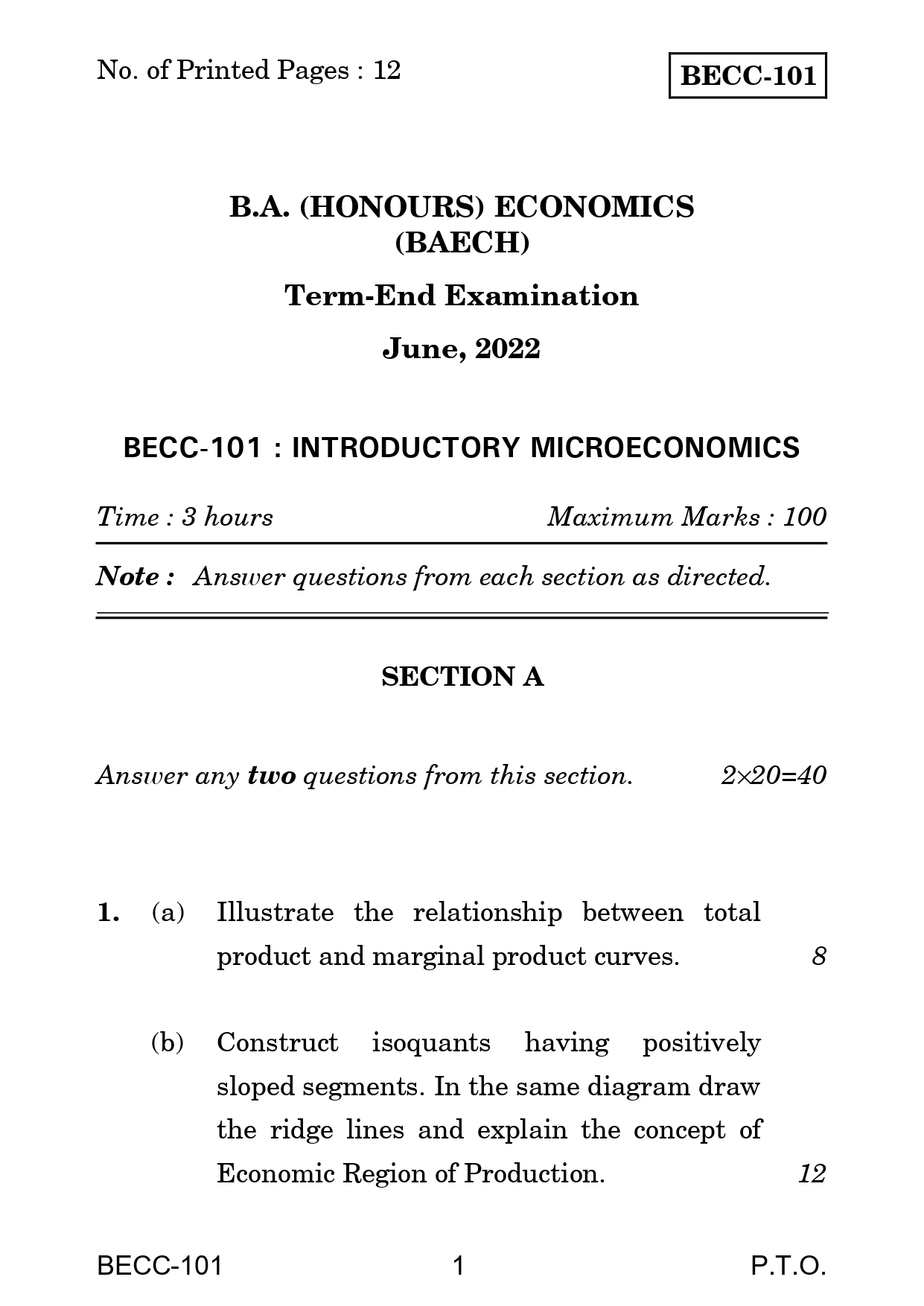 IGNOU BECC 101 Solved Previous Year Question Paper –JUNE 2022 (ENGLISH Medium) – Download PDF