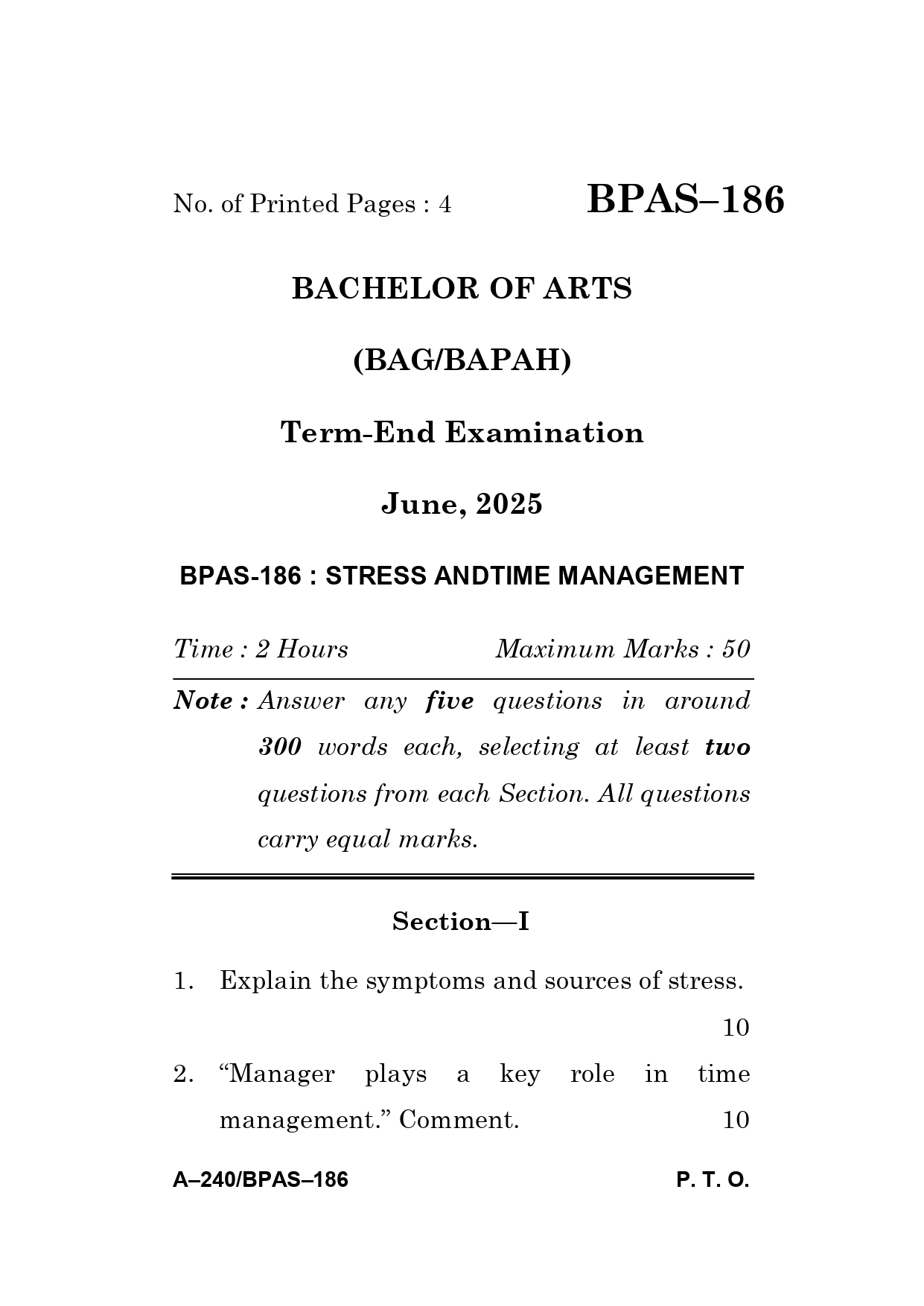 IGNOU BPAS 186 Solved Previous Year Question Paper –JUNE 2025 (ENGLISH Medium) – Download PDF