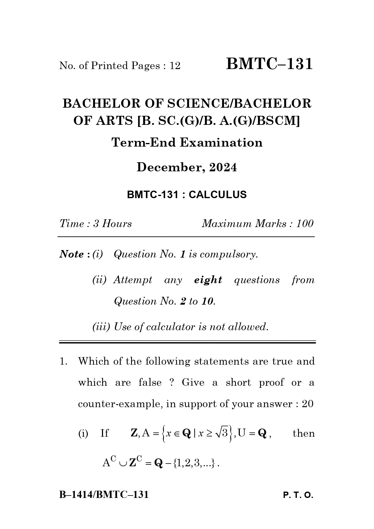 IGNOU BMTC 131 Solved Previous Year Question Paper – December 2024 (English Medium) – Download PDF
