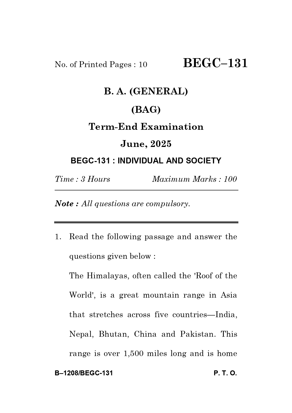 IGNOU BEGC 131 Solved Previous Year Question Paper –JUNE 2025 (ENGLISH Medium) – Download PDF