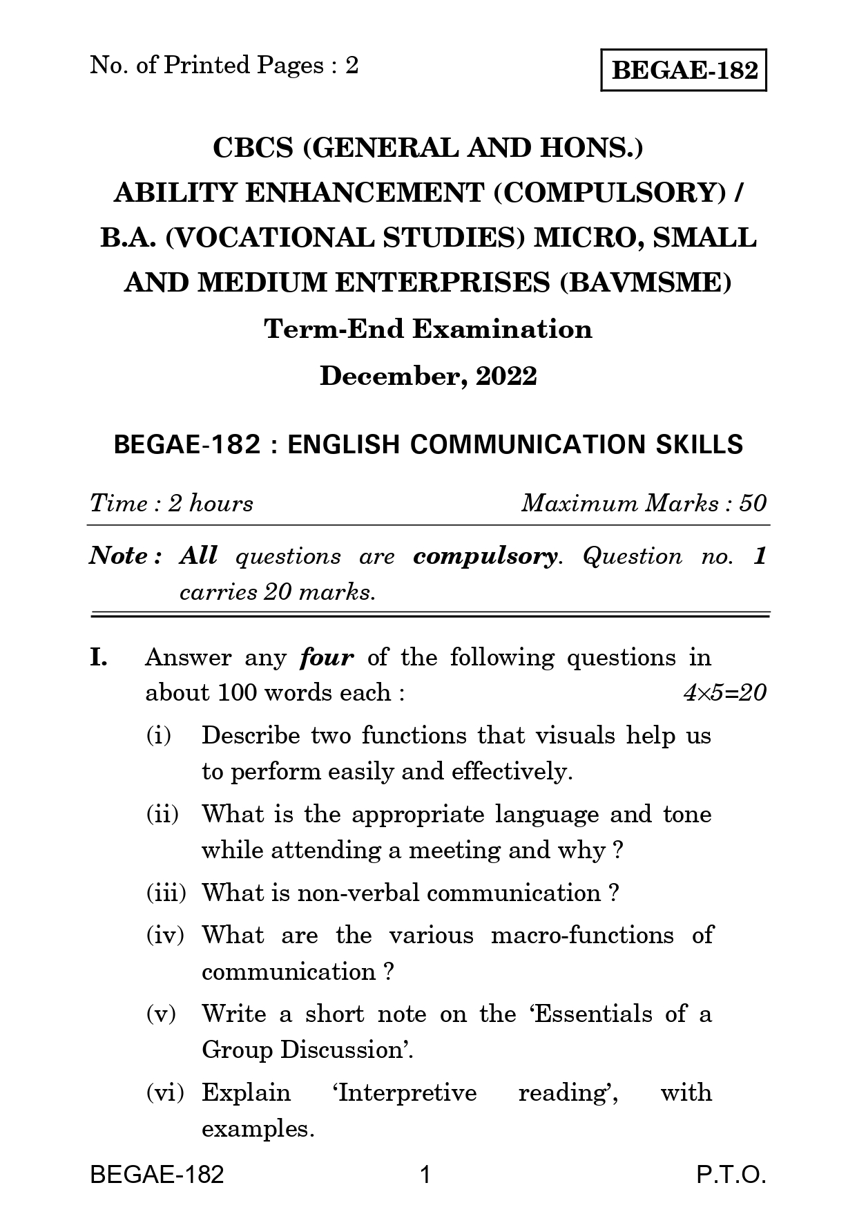IGNOU BEGAE 182 Solved Previous Year Question Paper – December 2022 (English Medium) – Download PDF