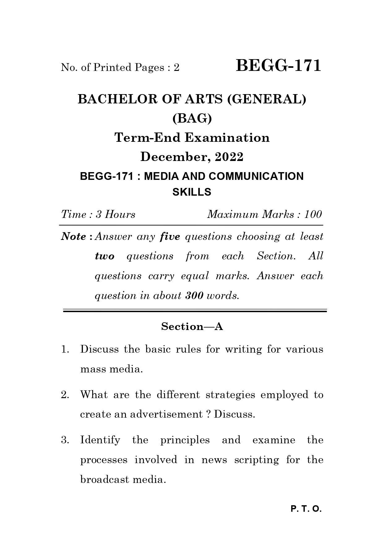 IGNOU BEGG 171 Solved Previous Year Question Paper – December 2022 (English Medium) – Download PDF