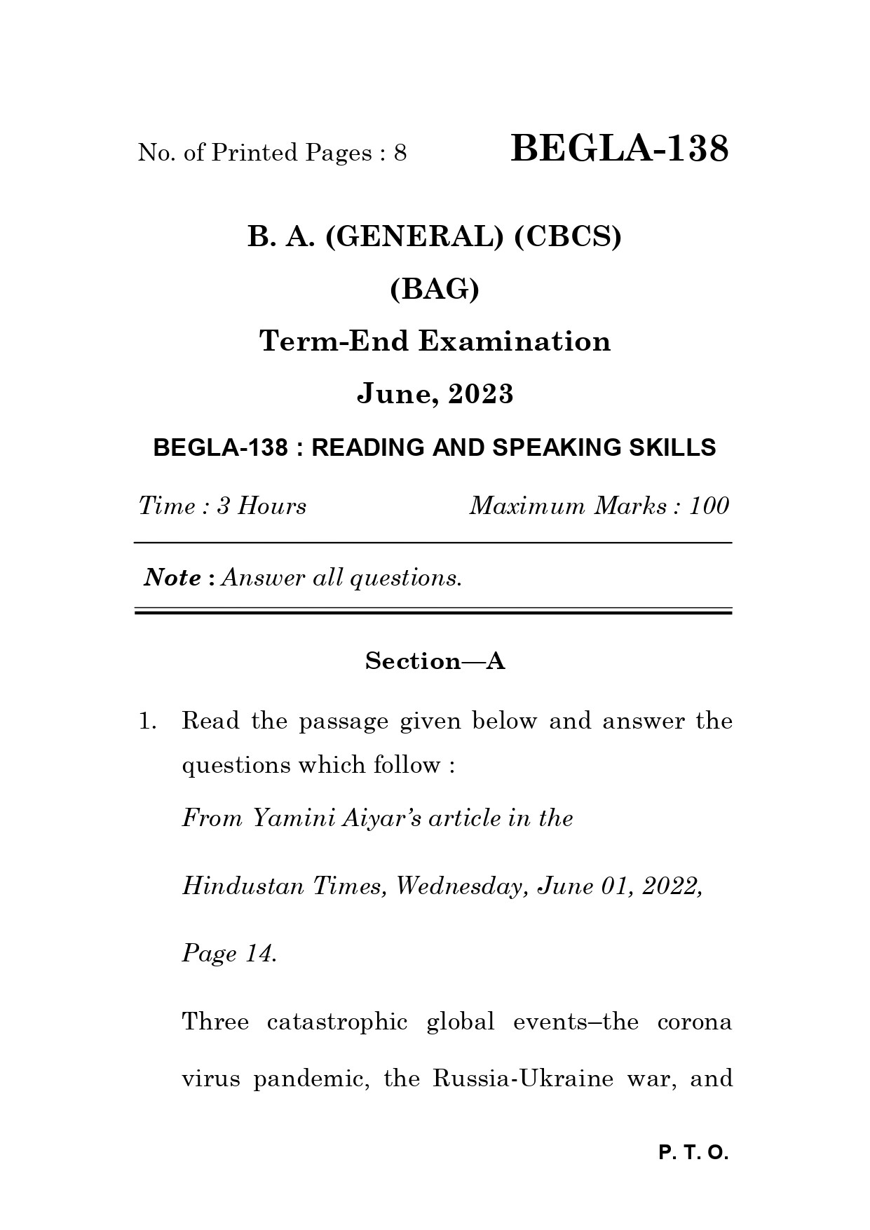 IGNOU BEGLA 138 Solved Previous Year Question Paper – June  2023 (English Medium) – Download PDF