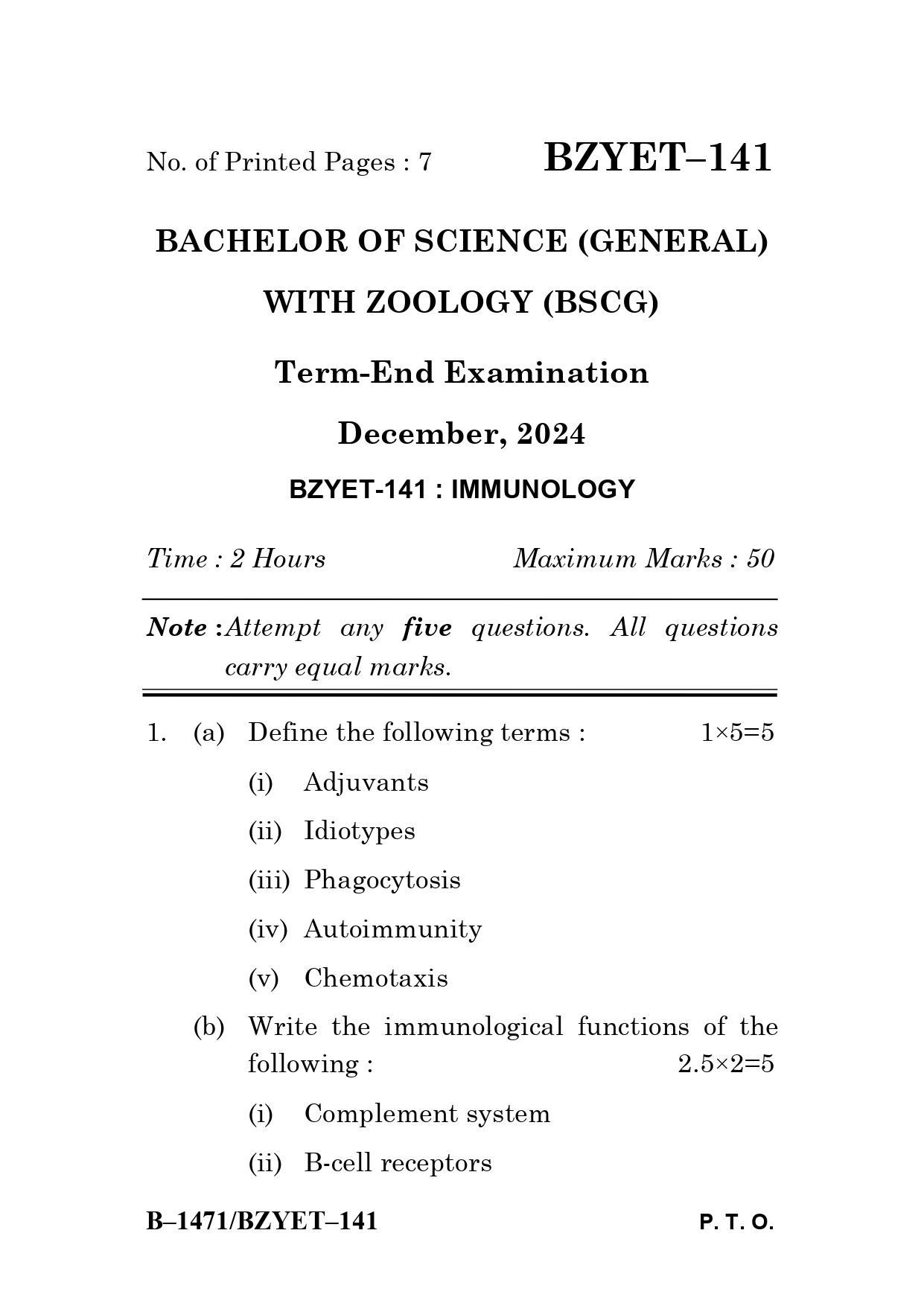 IGNOU BZYET 141 Solved Previous Year Question Paper –DECEMBER 2024 (ENGLISH Medium) – Download PDF