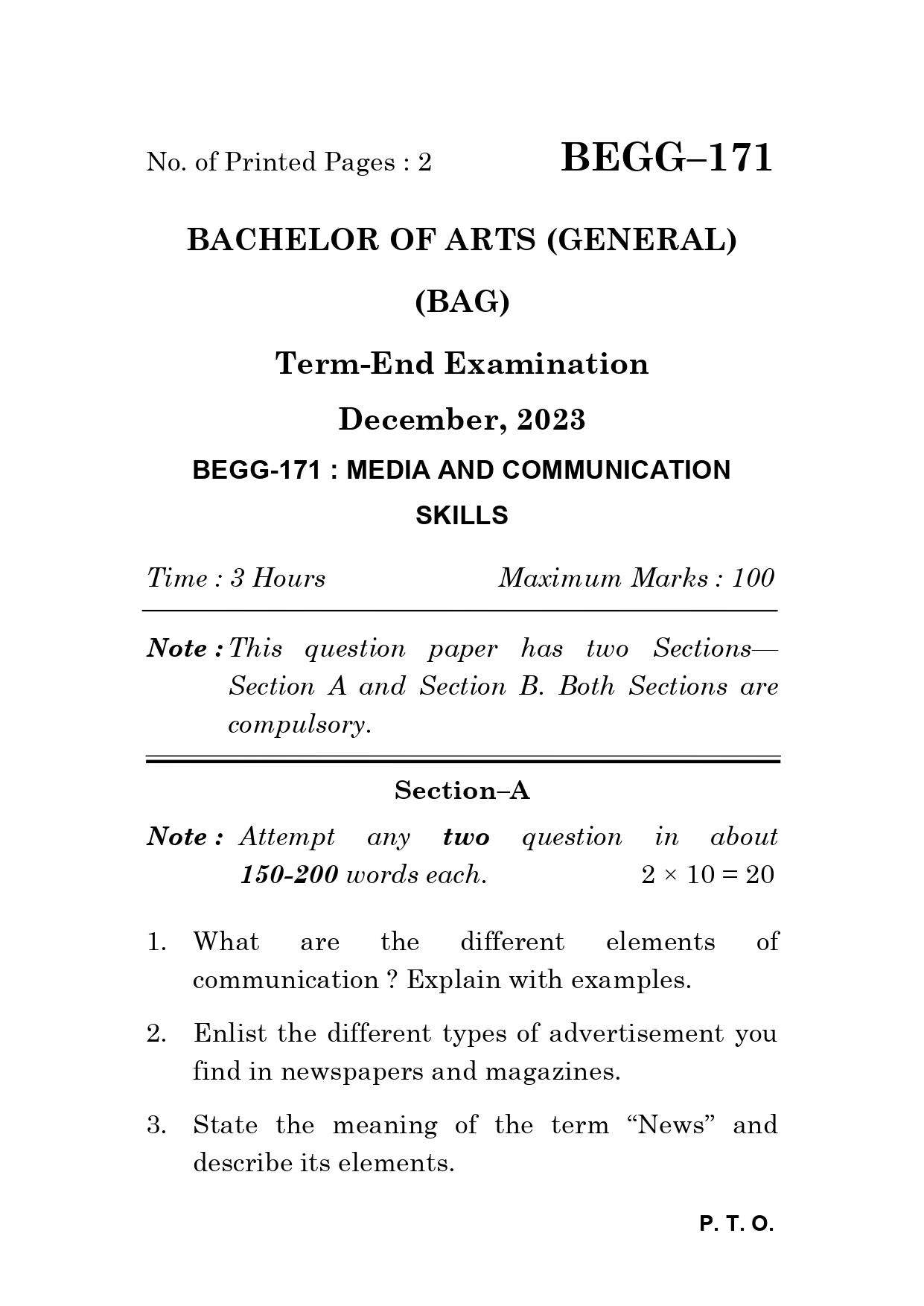 IGNOU BEGG 171 Solved Previous Year Question Paper – December 2023 (English Medium) – Download PDF