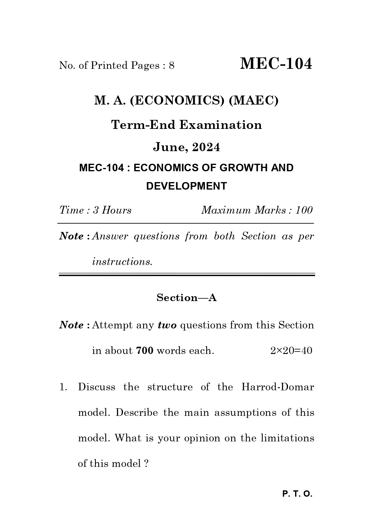 IGNOU MEC 104 Solved Previous Year Question Paper –JUNE 2024 (ENGLISH Medium) – Download PDF