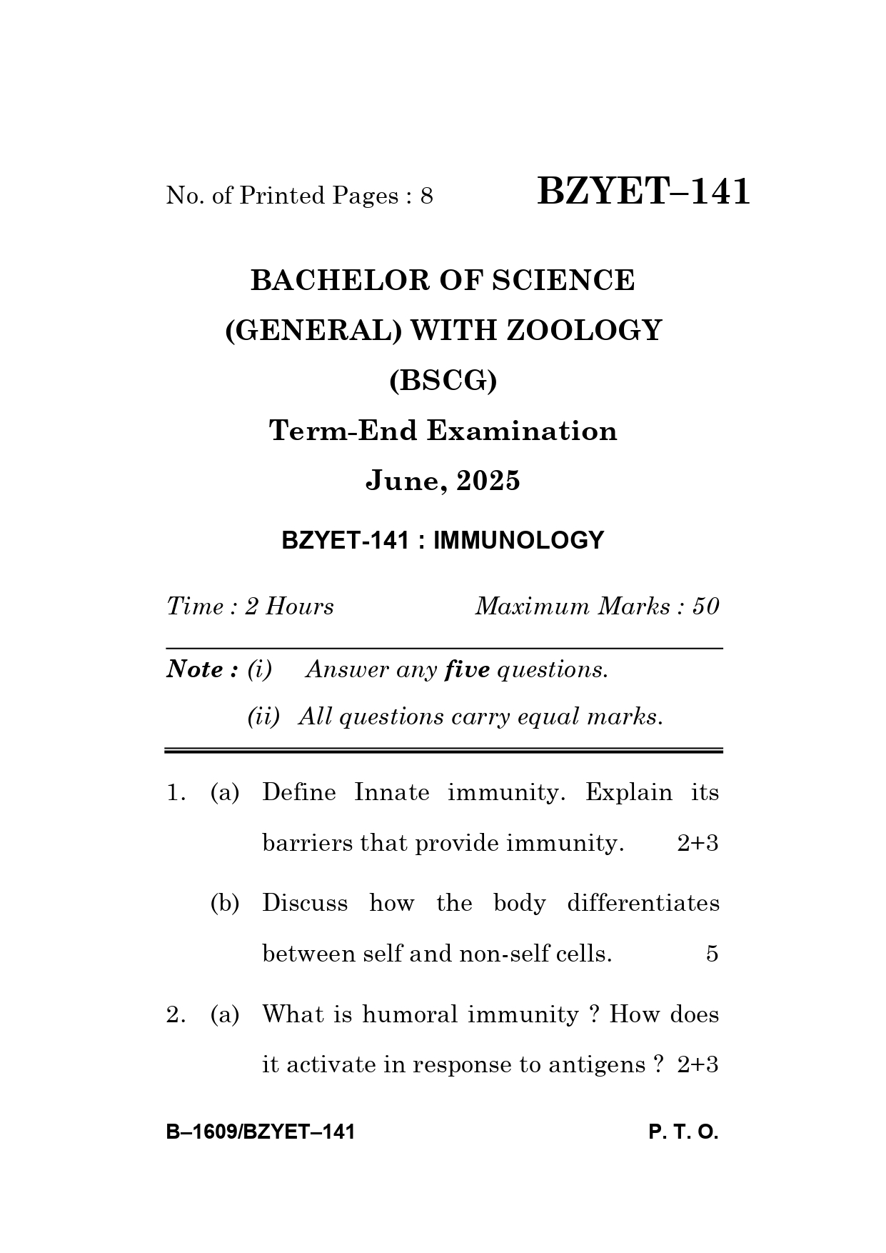 IGNOU BZYET 141 Solved Previous Year Question Paper –JUNE 2025 (ENGLISH Medium) – Download PDF