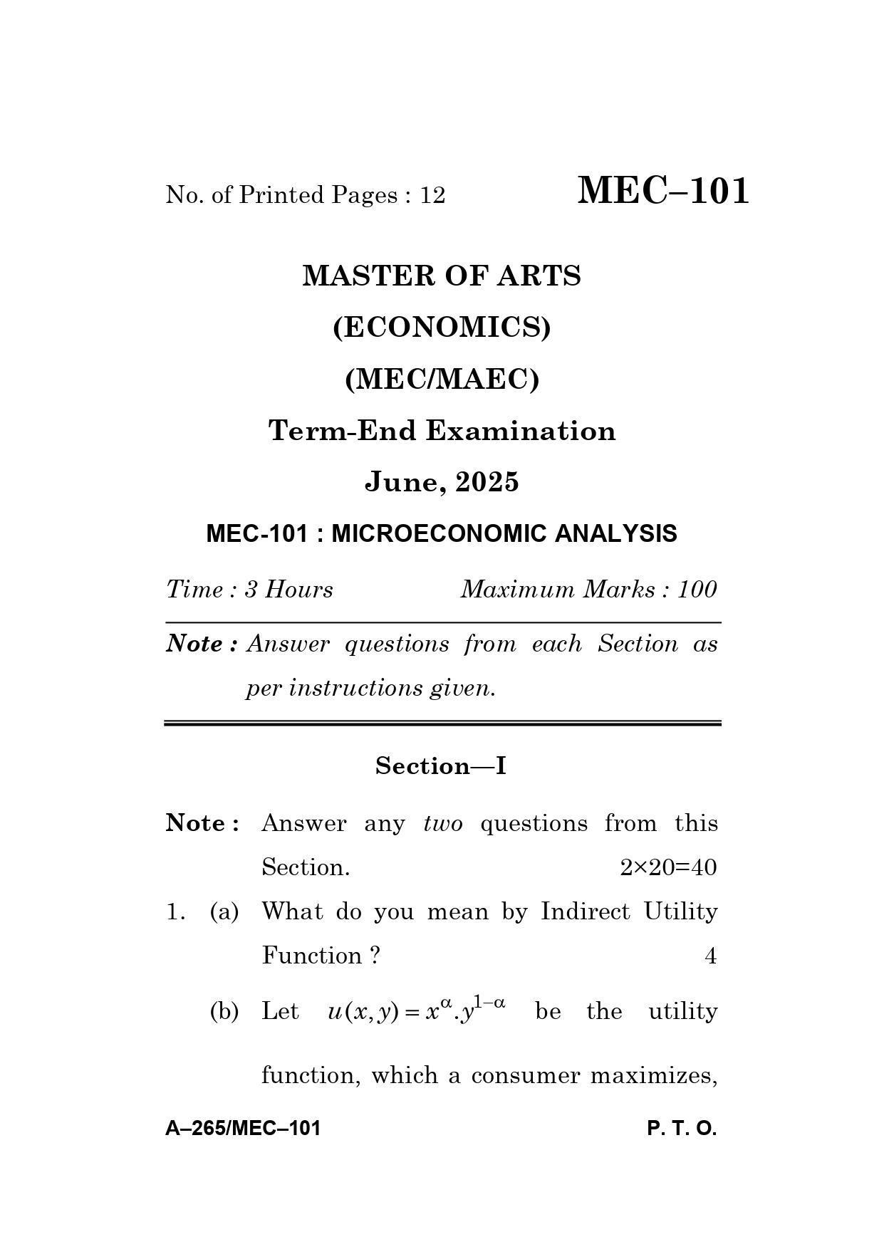 IGNOU MEC 101 Solved Previous Year Question Paper –JUNE 2025 (ENGLISH Medium) – Download PDF