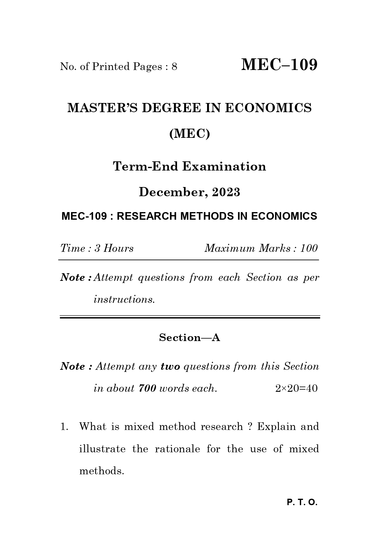 IGNOU MEC 109 Solved Previous Year Question Paper –DECEMBER 2023 (ENGLISH Medium) – Download PDF