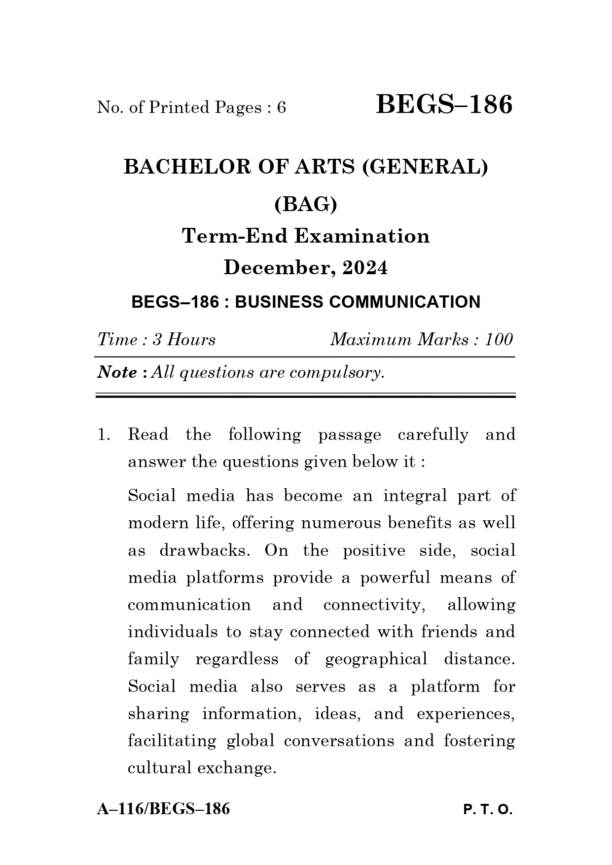 IGNOU BEGS 186 Solved Previous Year Question Paper – December 2024 (English Medium) – Download PDF