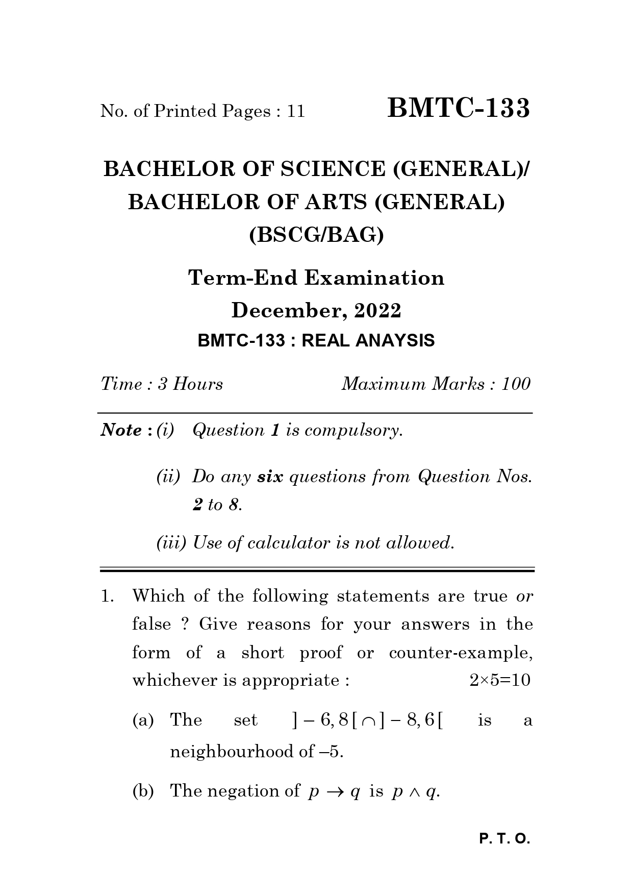 IGNOU BMTC 133 Solved Previous Year Question Paper – DECEMBER 2022 (ENGLISH Medium) – Download PDF