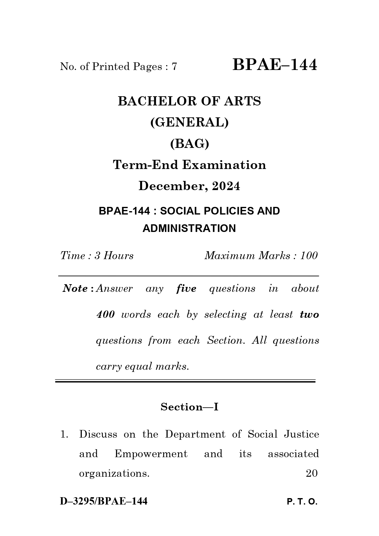 IGNOU BPAE 144 Solved Previous Year Question Paper –DECEMBER 2024 (ENGLISH Medium) – Download PDF