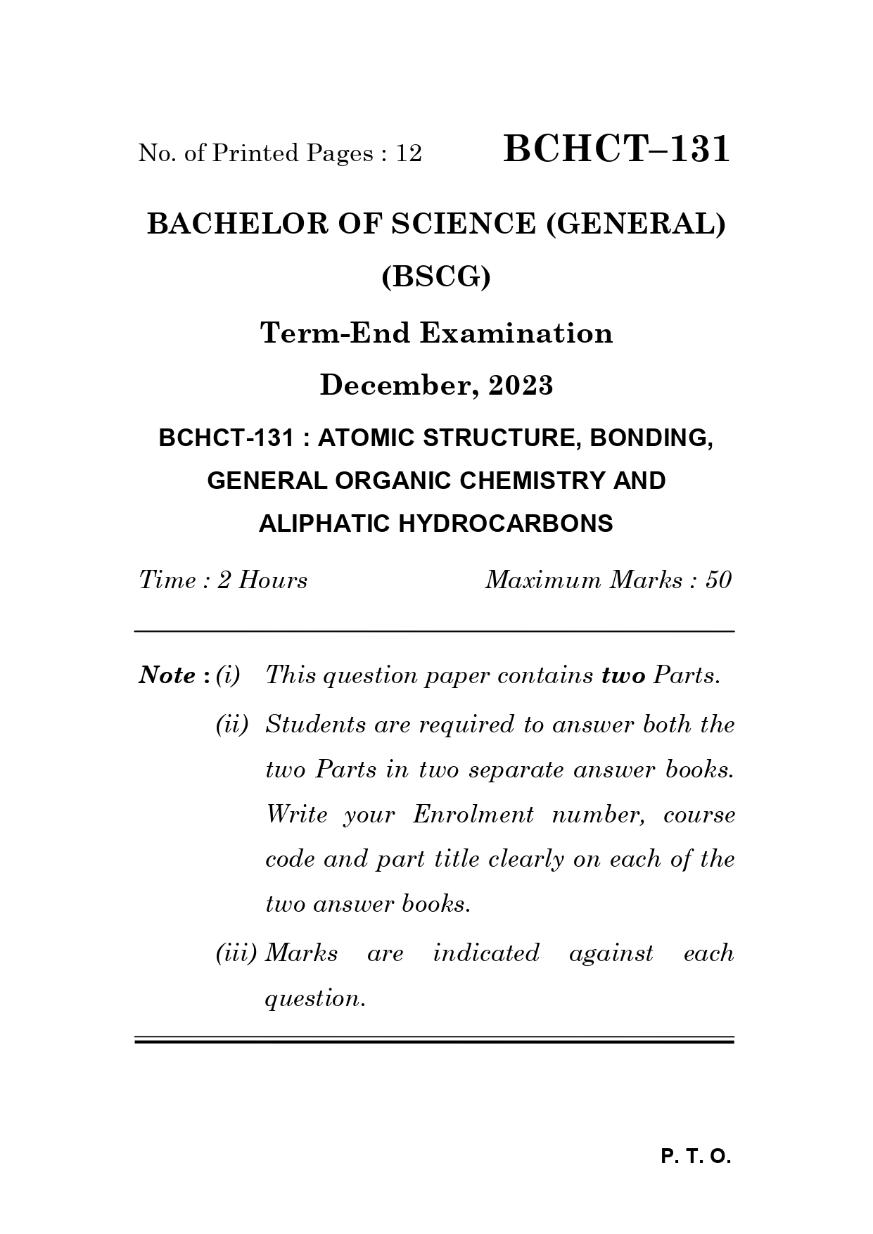 IGNOU BCHCT 131 Solved Previous Year Question Paper – December 2023 (English Medium) – Download PDF