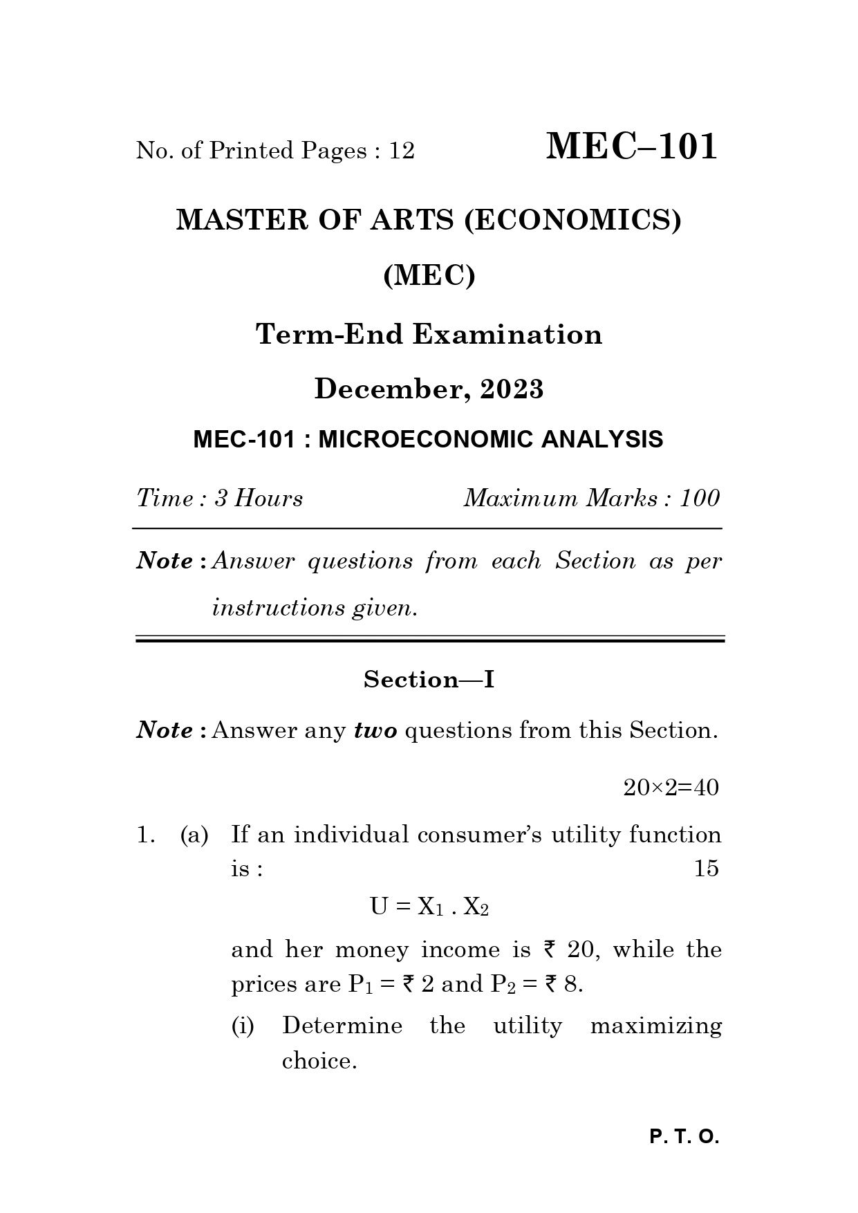 IGNOU MEC 101 Solved Previous Year Question Paper –DECEMBER 2023 (ENGLISH Medium) – Download PDF