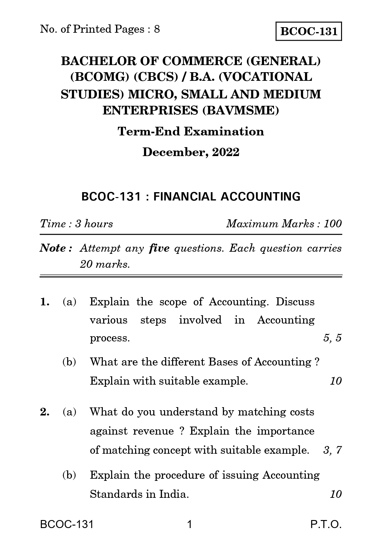 IGNOU BCOC 131 Solved Previous Year Question Paper – December 2022 (English Medium) – Download PDF