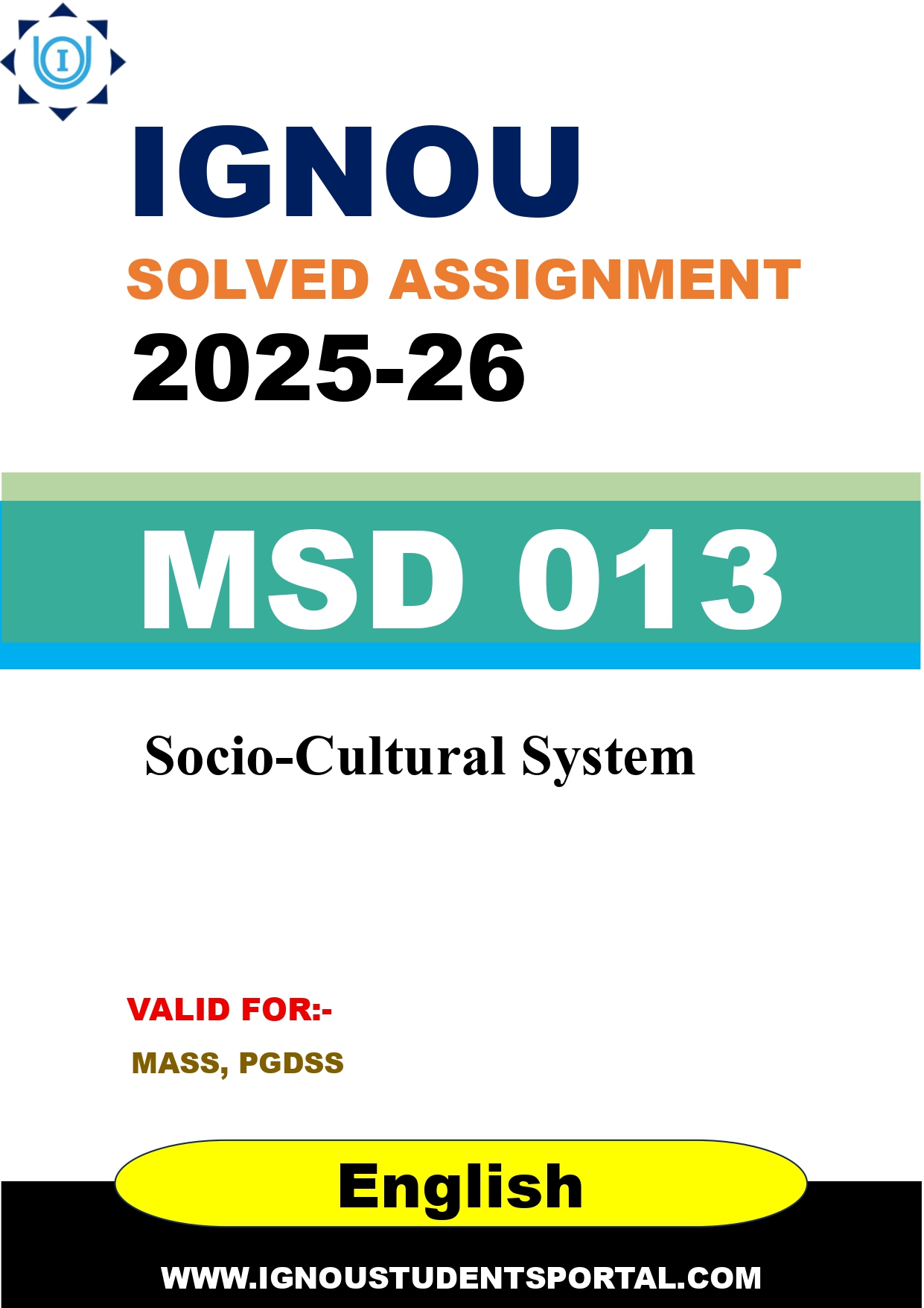 IGNOU MSD 013 Solved Assignment 2025-2026: Socio-Cultural System (English Medium) | IGNOU Students Portal