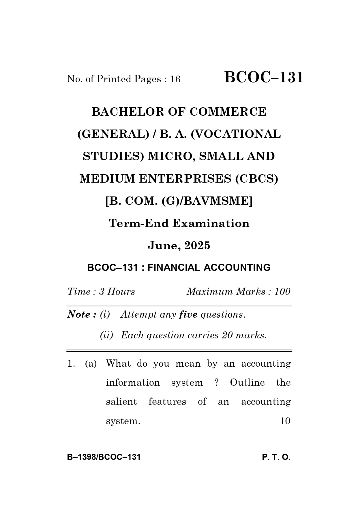 IGNOU BCOC 131 Solved Previous Year Question Paper –JUNE 2025 (ENGLISH Medium) – Download PDF