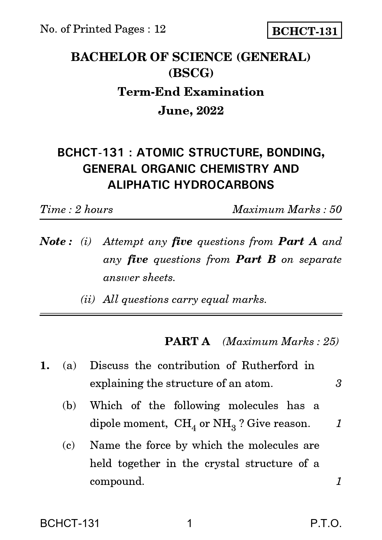 IGNOU BCHCT 131 Solved Previous Year Question Paper – June  2022 (English Medium) – Download PDF