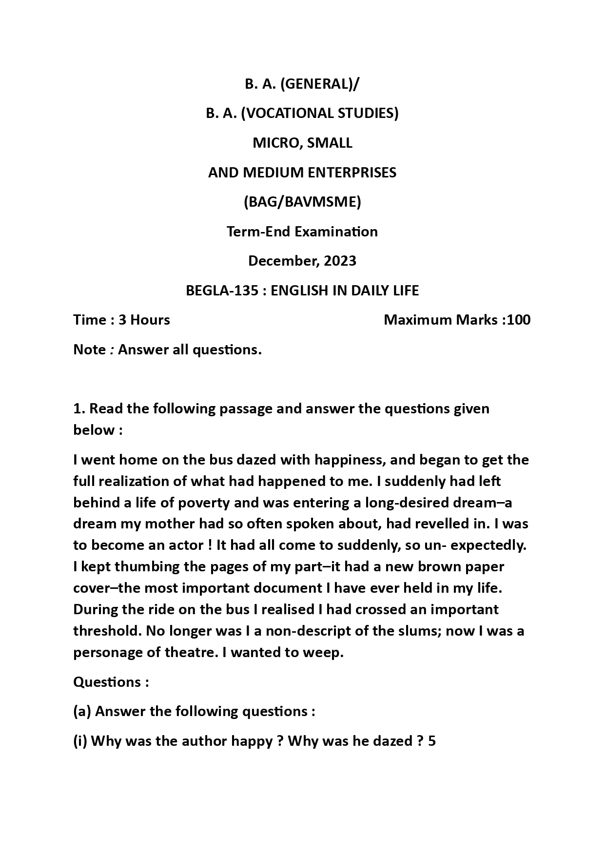 IGNOU BEGLA 135 Solved Previous Year Question Paper – December 2023 (English Medium) – Download PDF