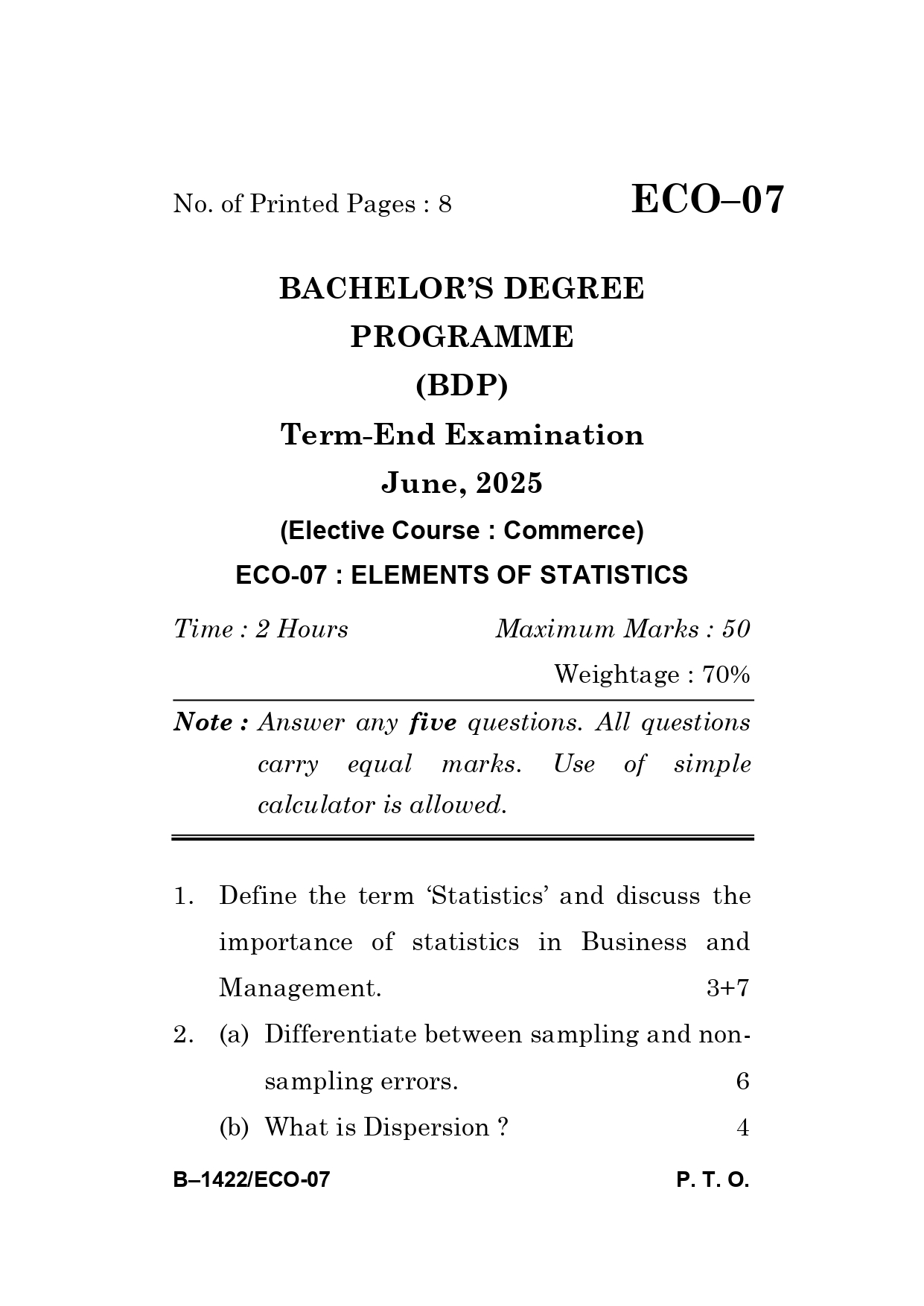 IGNOU ECO 07 Solved Previous Year Question Paper –JUNE 2025 (ENGLISH Medium) – Download PDF