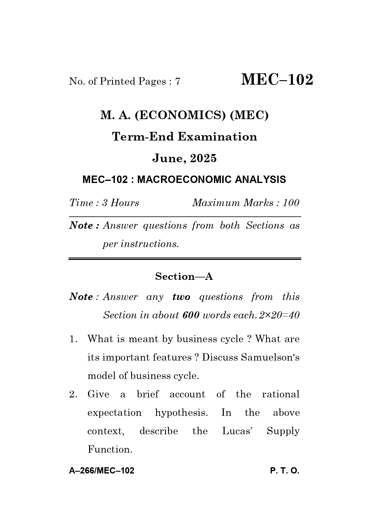 IGNOU MEC 102 Solved Previous Year Question Paper –JUNE 2025 (ENGLISH Medium) – Download PDF