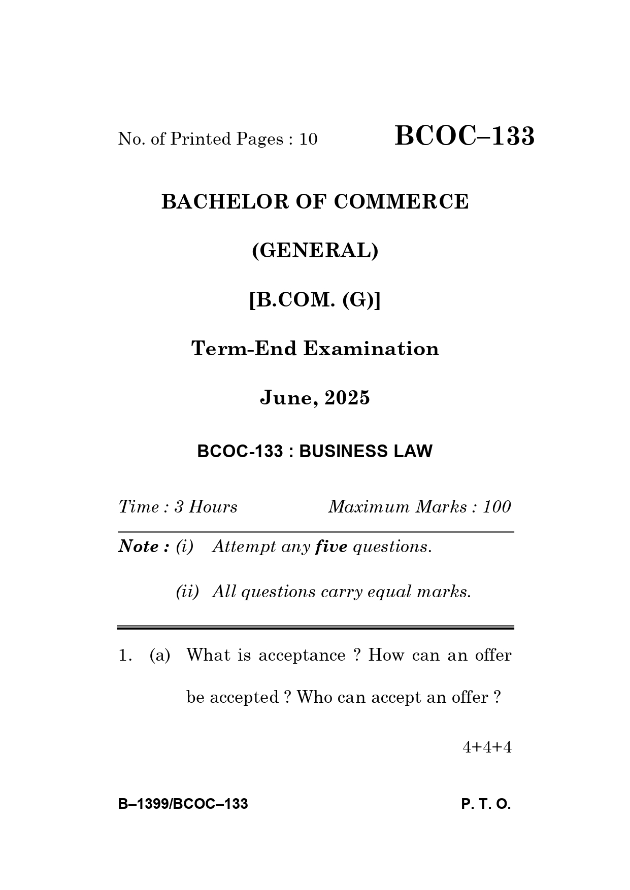 IGNOU BCOC 133 Solved Previous Year Question Paper –JUNE 2025 (ENGLISH Medium) – Download PDF