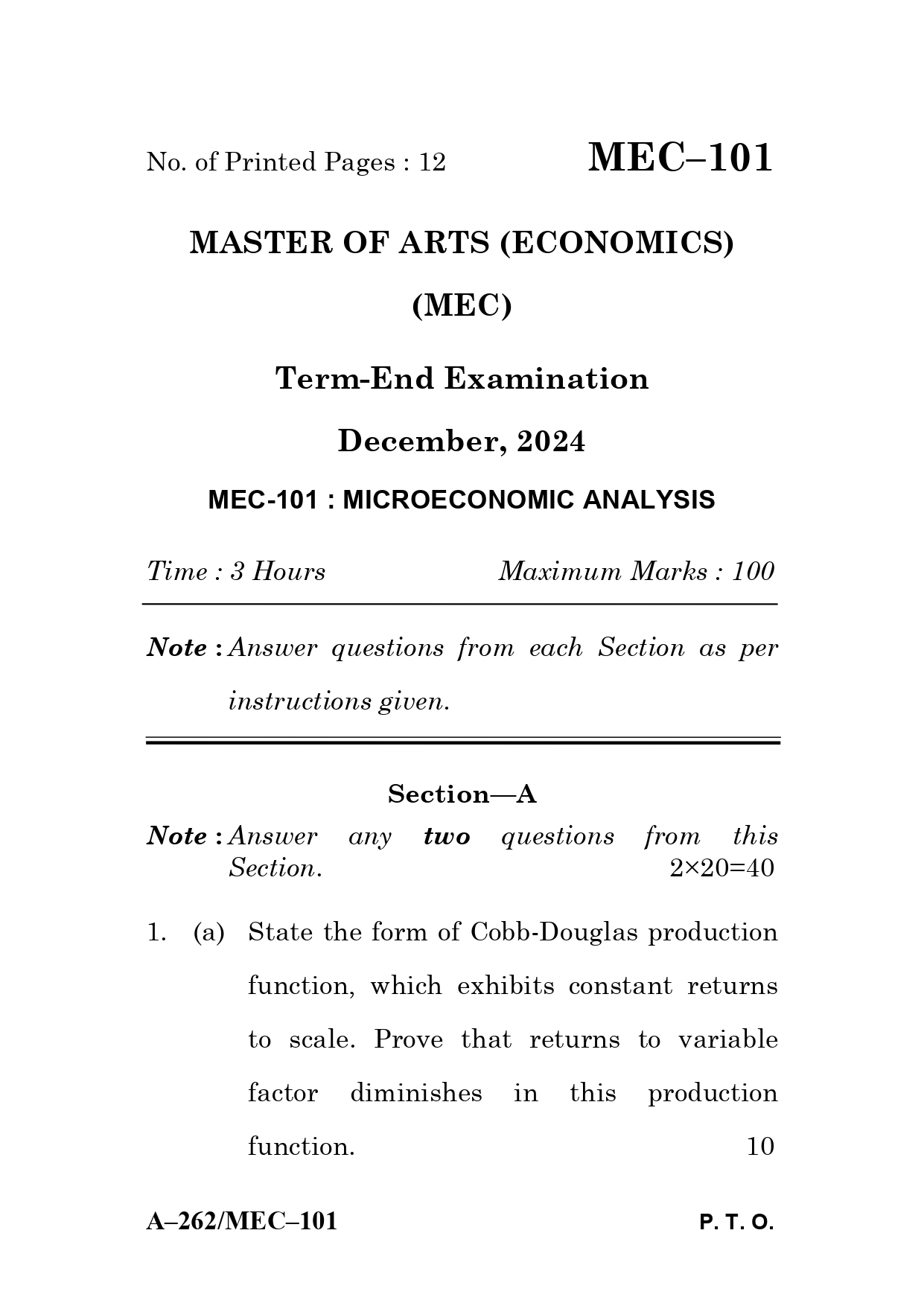 IGNOU MEC 101 Solved Previous Year Question Paper –DECEMBER 2024 (ENGLISH Medium) – Download PDF