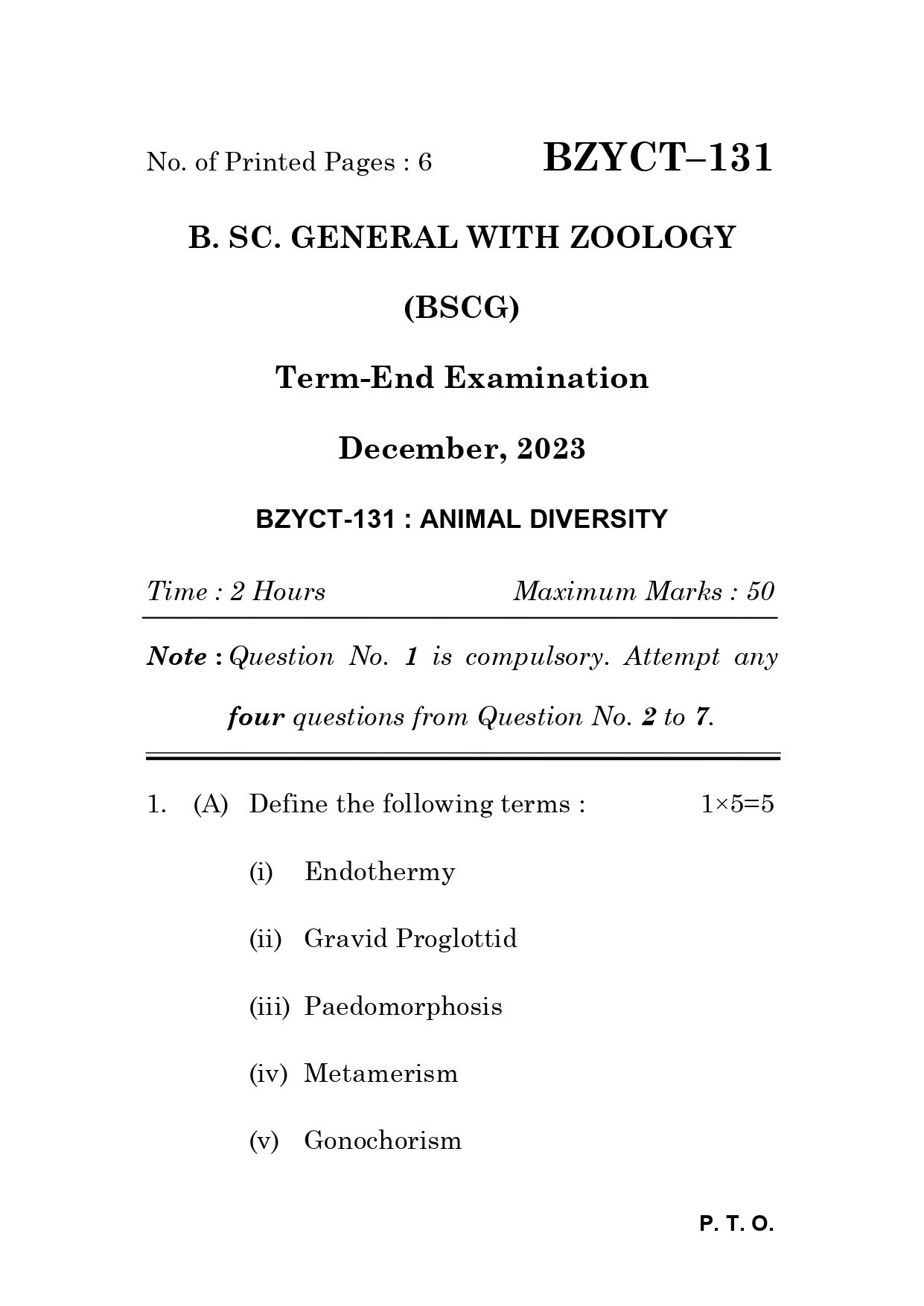 IGNOU BZYCT 131 Solved Previous Year Question Paper – December 2023 (English Medium) – Download PDF