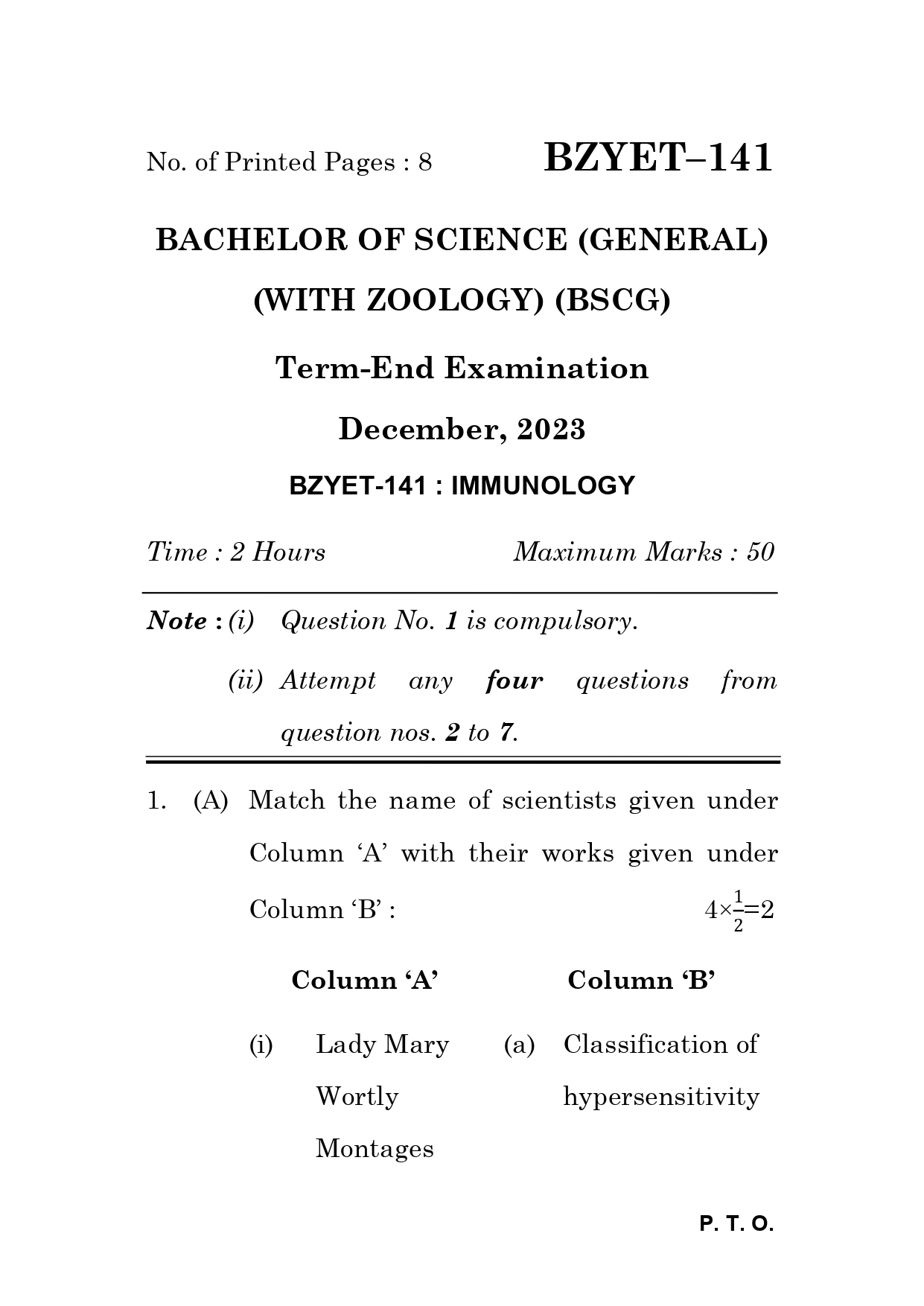 IGNOU BZYET 141 Solved Previous Year Question Paper –DECEMBER 2023 (ENGLISH Medium) – Download PDF