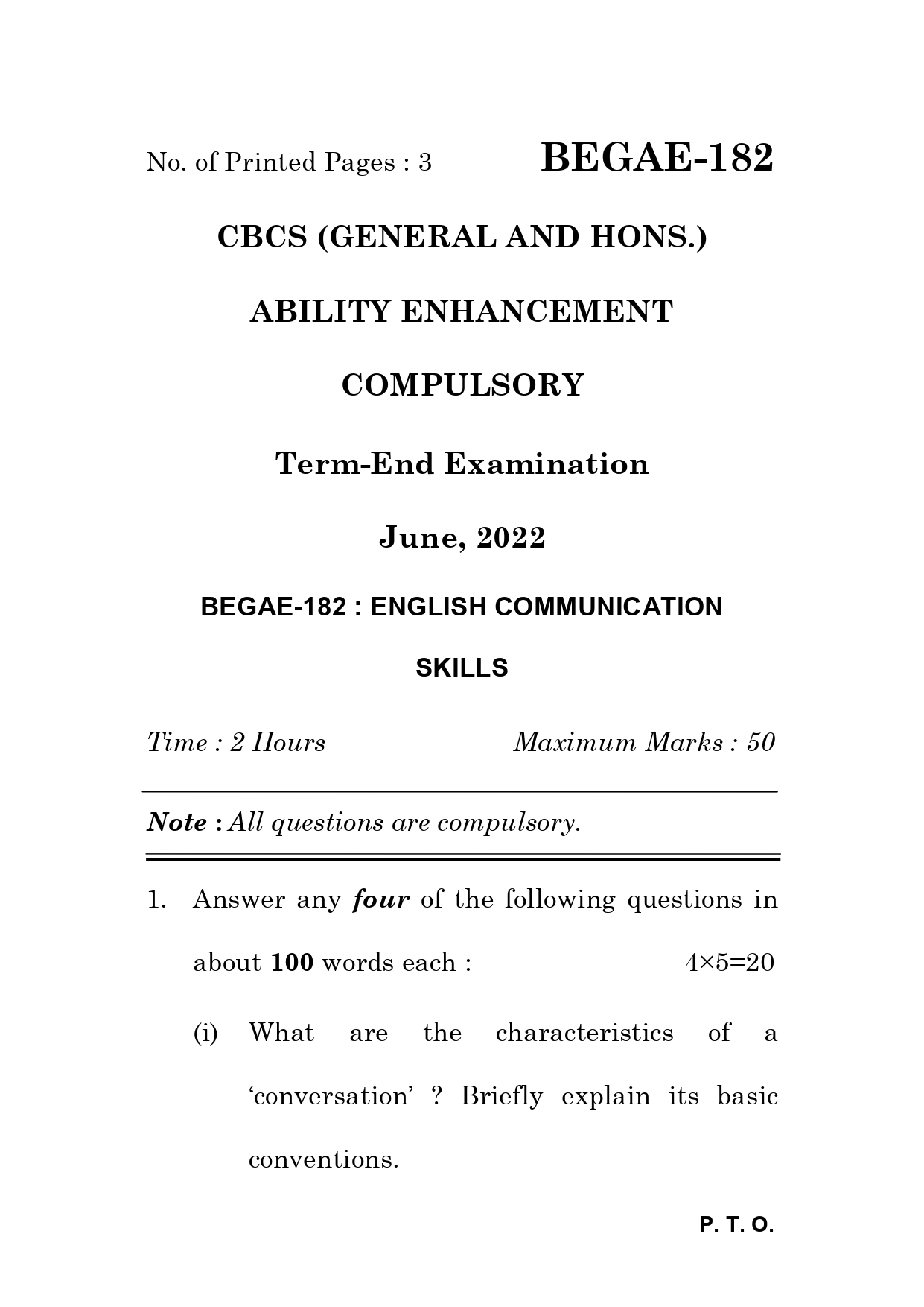 IGNOU BEGAE 182 Solved Previous Year Question Paper – June 2022 (English Medium) – Download PDF