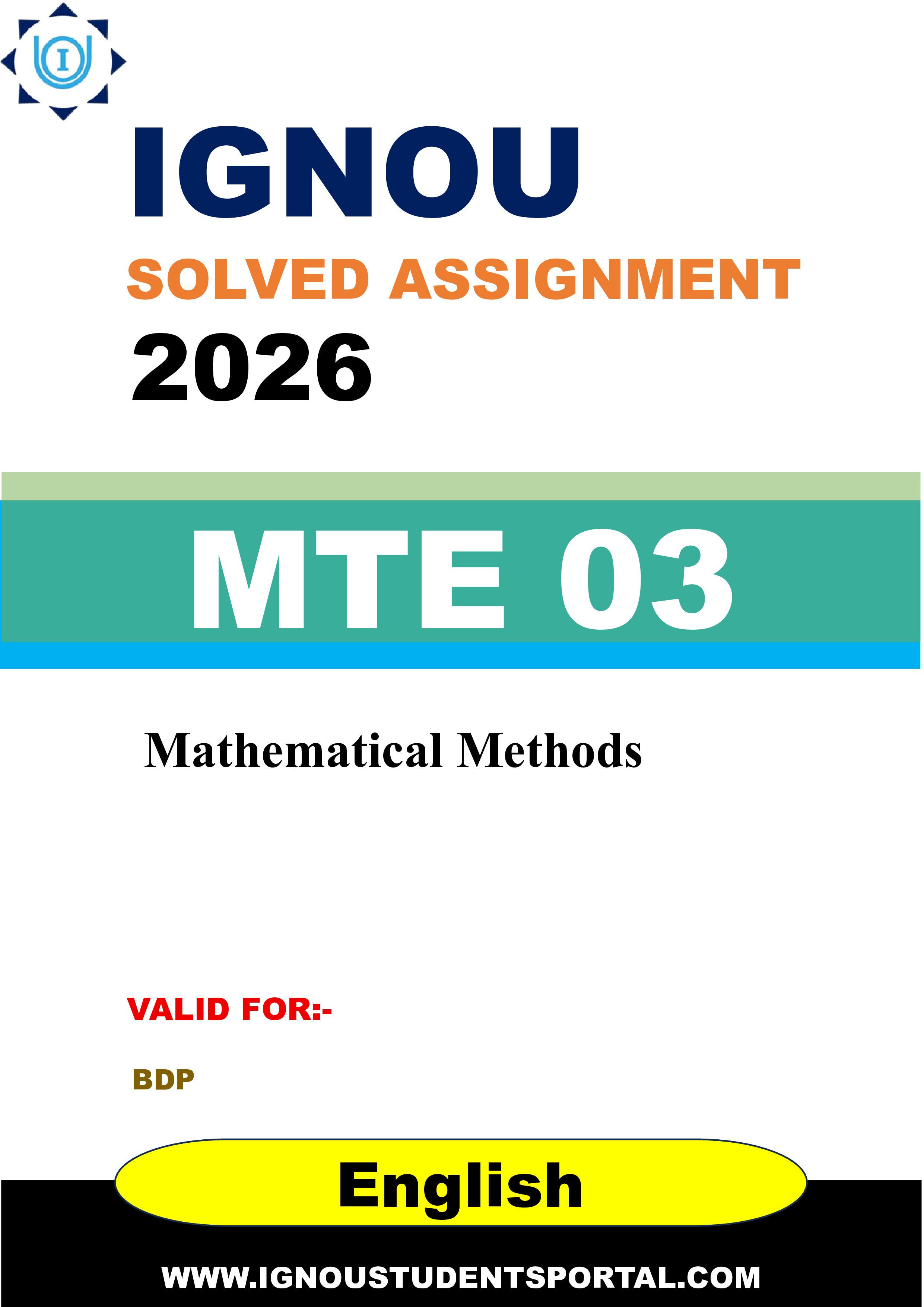 IGNOU MTE 03 Solved Assignment 2026-26: Mathematical Methods (English Medium) | IGNOU Students Portal