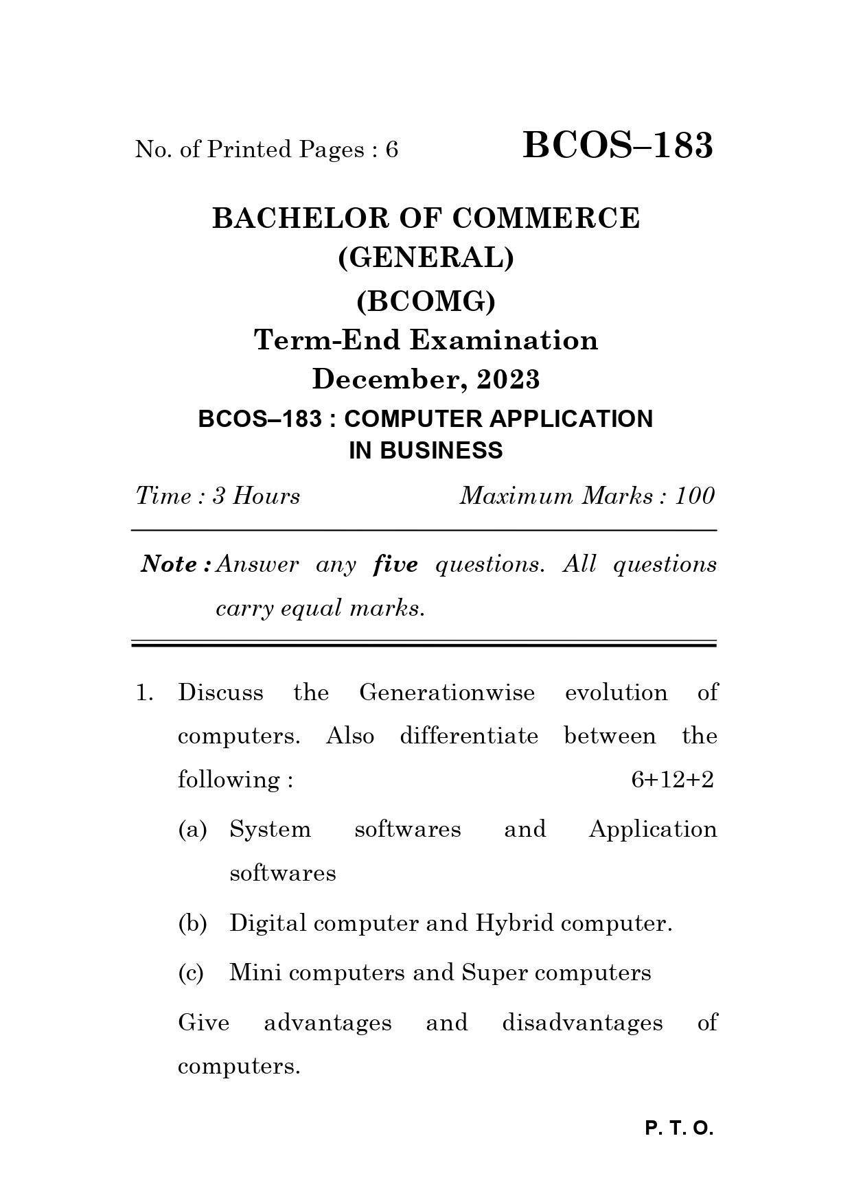 IGNOU BCOS 183 Solved Previous Year Question Paper – December 2023 (English Medium) – Download PDF