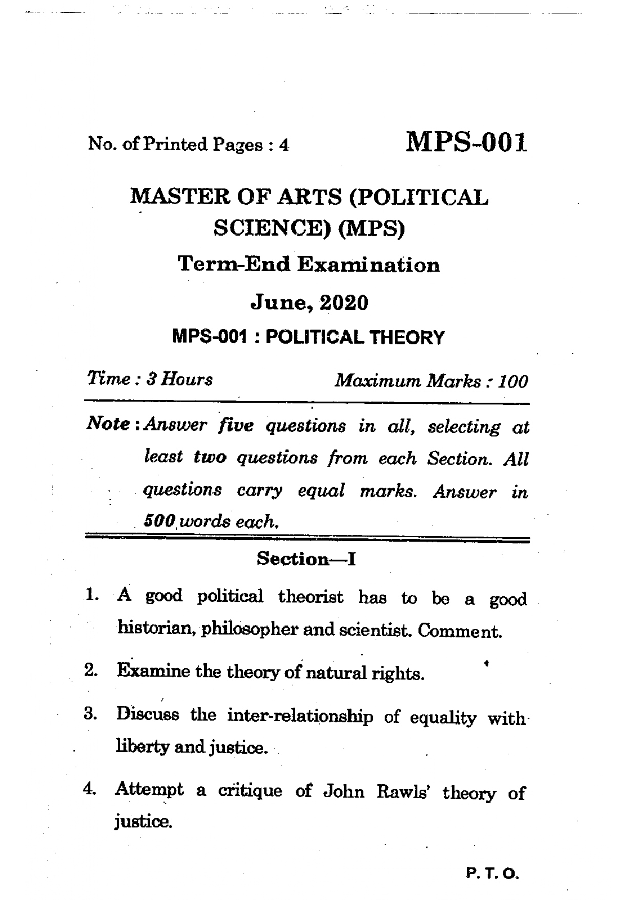 IGNOU MPS 001 Solved Previous Year Question Paper – JUNE 2020 (English Medium) – Download PDF