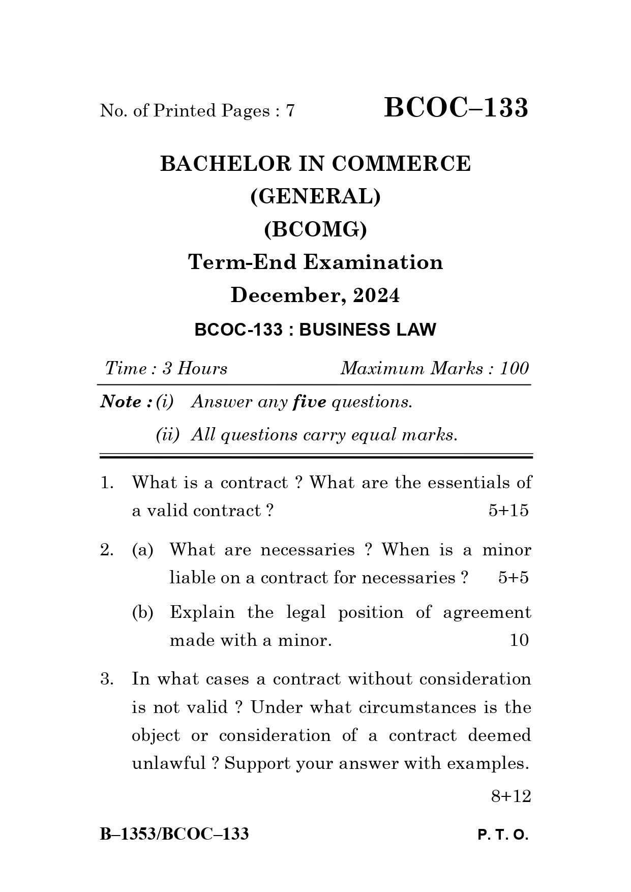 IGNOU BCOC 133 Solved Previous Year Question Paper – December 2024 (English Medium) – Download PDF