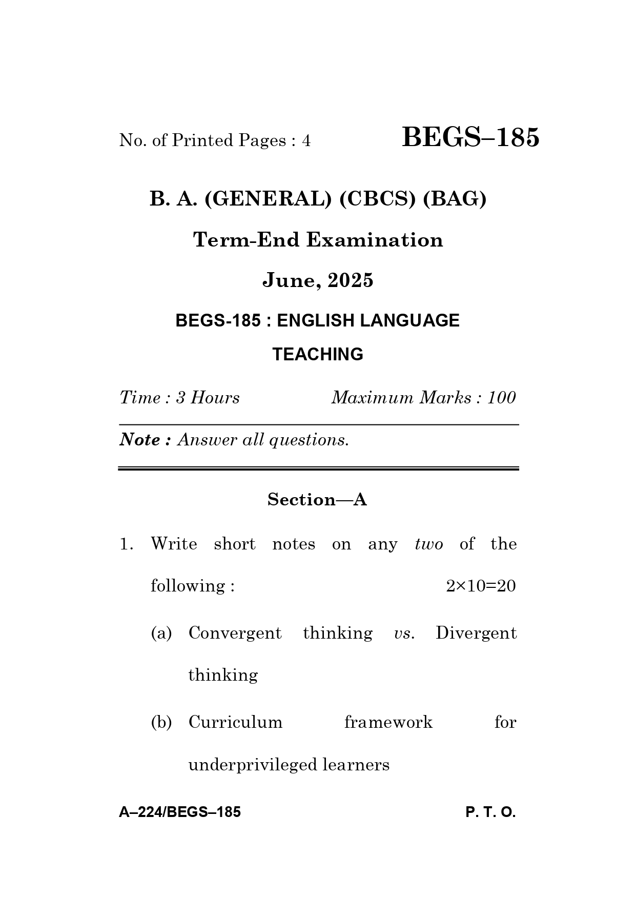 IGNOU BEGS 185 Solved Previous Year Question Paper –JUNE 2025 (ENGLISH Medium) – Download PDF