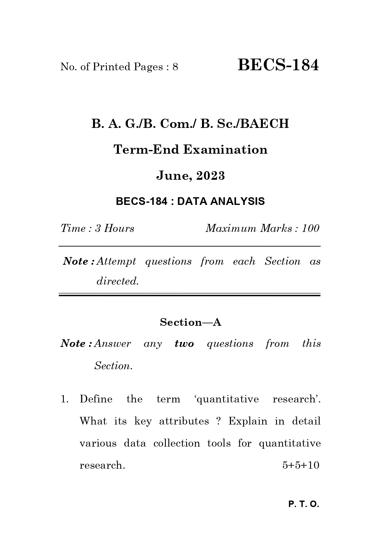IGNOU BECS 184 Solved Previous Year Question Paper – June 2023 (English Medium) – Download PDF