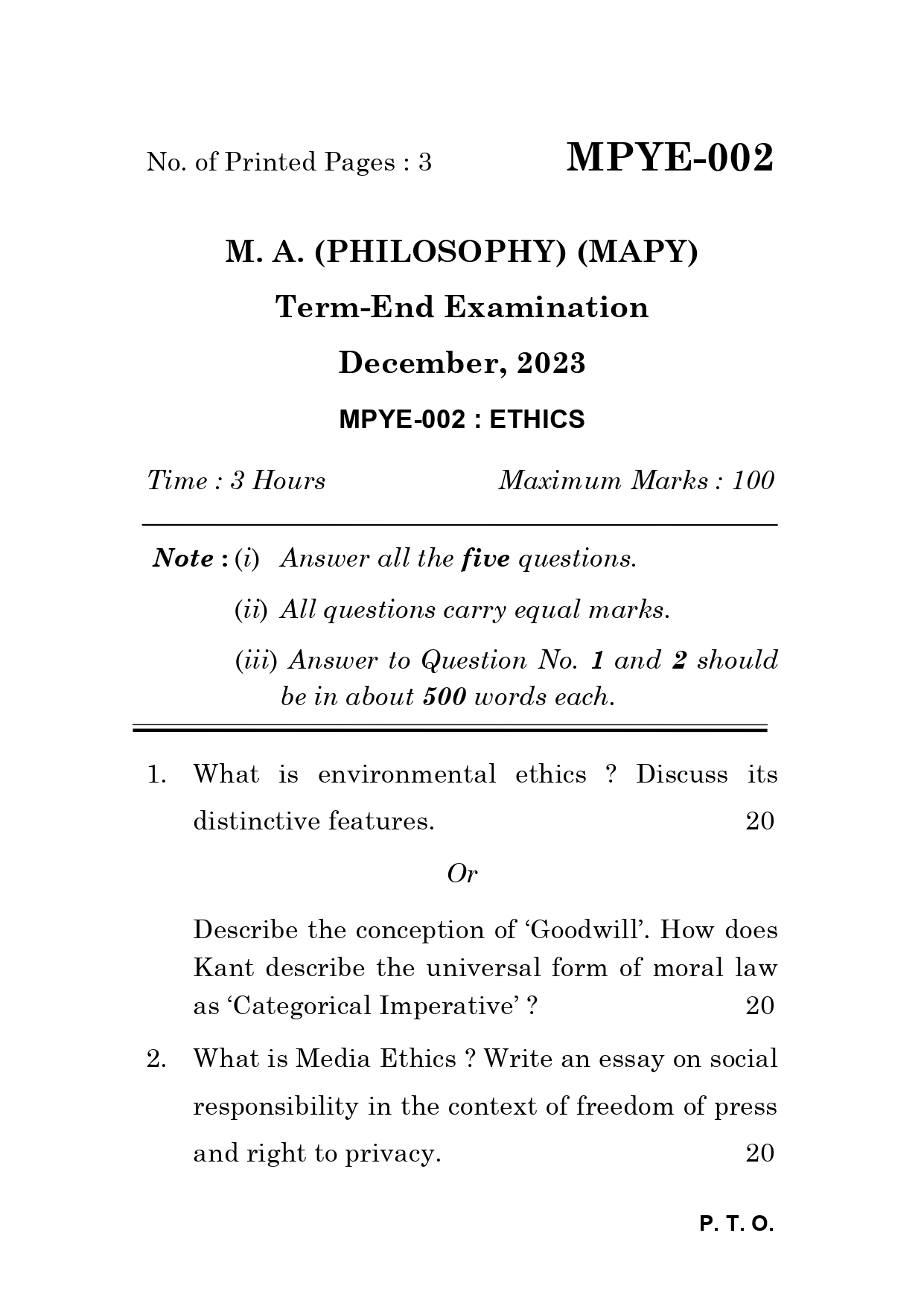 IGNOU MPYE 002 Solved Previous Year Question Paper –DECEMBER 2023 (ENGLISH Medium) – Download PDF