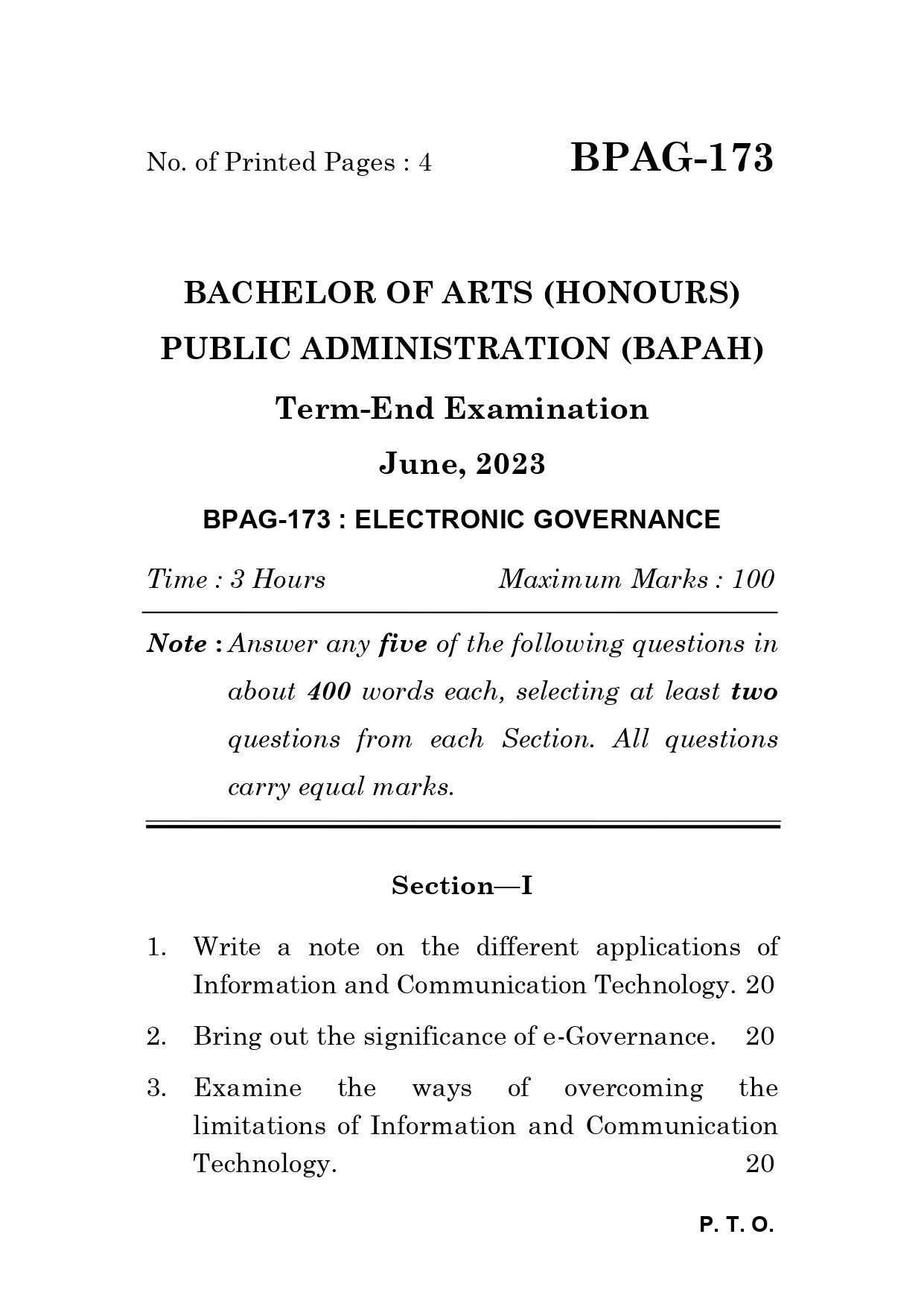 IGNOU BPAG 173 Solved Previous Year Question Paper –JUNE 2023 (ENGLISH Medium) – Download PDF