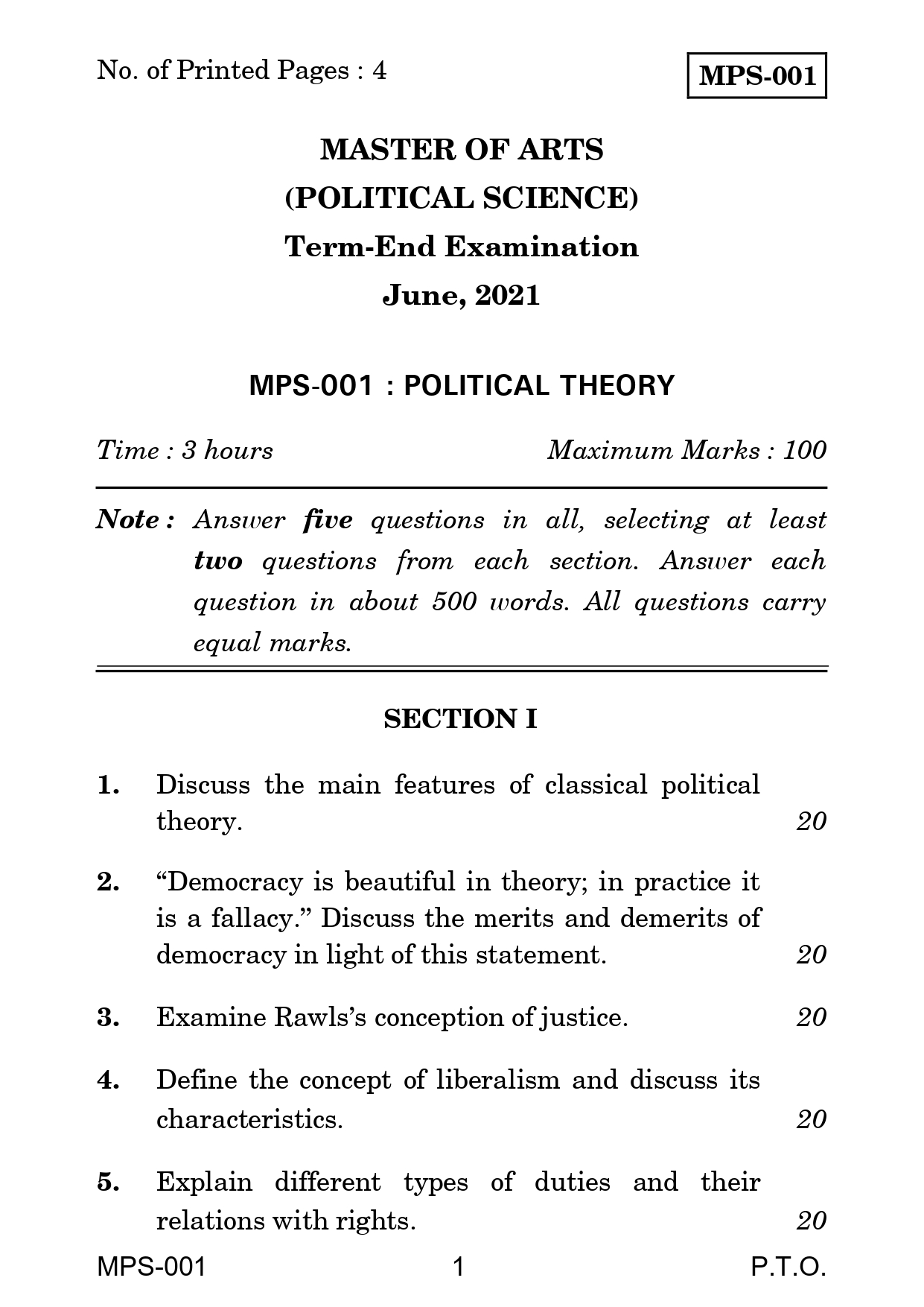 IGNOU MPS 001 Solved Previous Year Question Paper – JUNE 2021 (English Medium) – Download PDF
