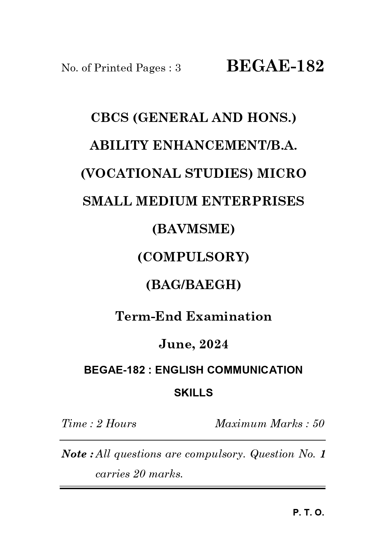 IGNOU BEGAE 182 Solved Previous Year Question Paper – June 2024 (English Medium) – Download PDF