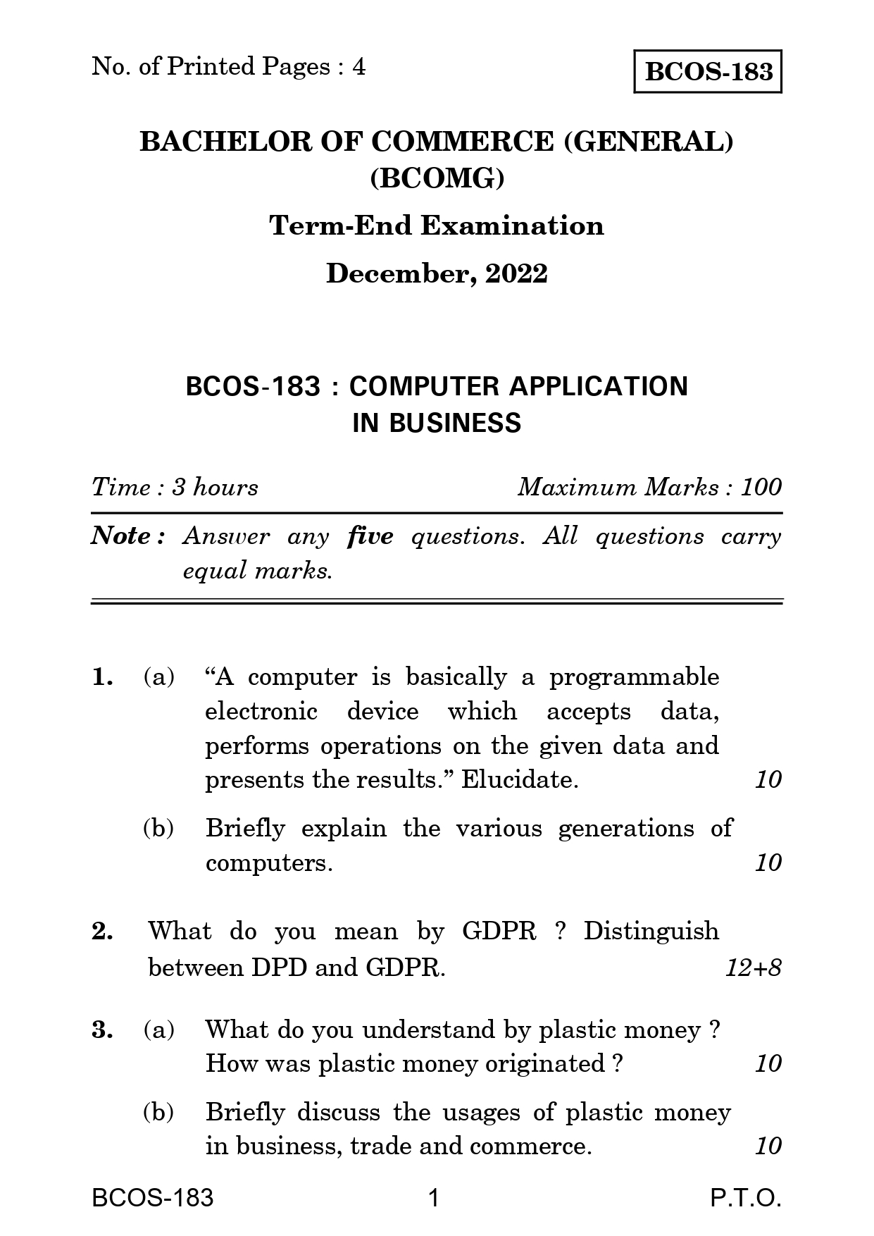 IGNOU BCOS 183 Solved Previous Year Question Paper – December 2022 (English Medium) – Download PDF