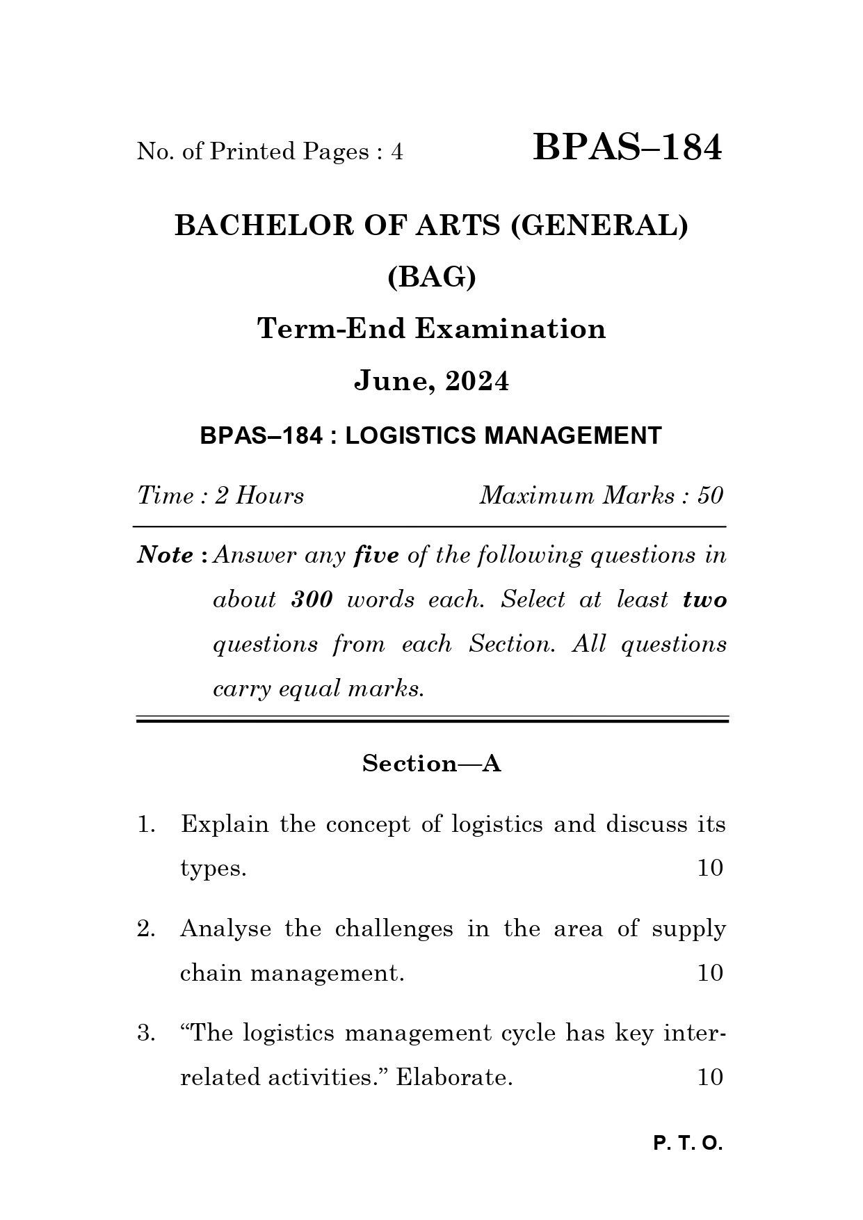 IGNOU BPAS 184 Solved Previous Year Question Paper –JUNE 2024 (ENGLISH Medium) – Download PDF