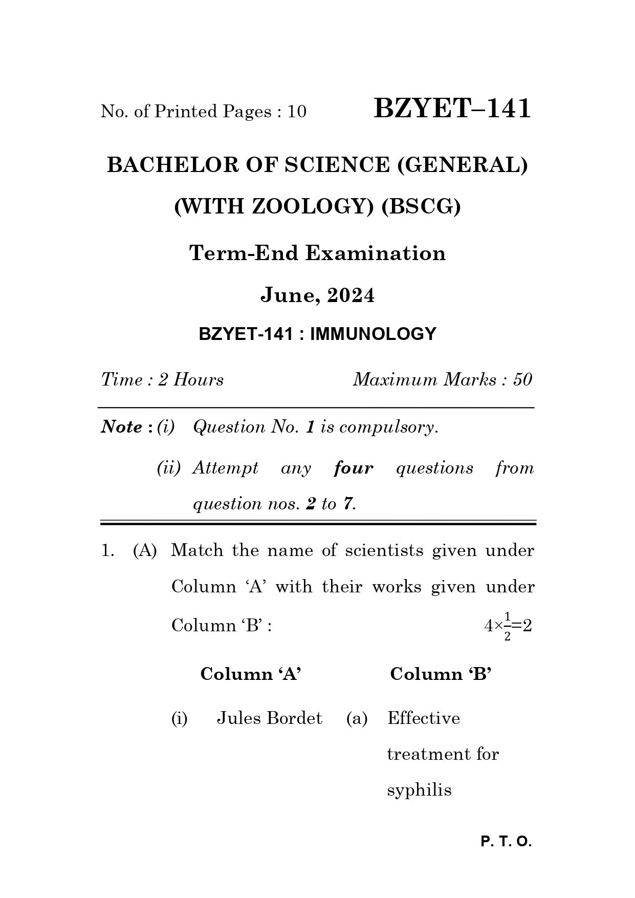 IGNOU BZYET 141 Solved Previous Year Question Paper –JUNE 2024 (ENGLISH Medium) – Download PDF