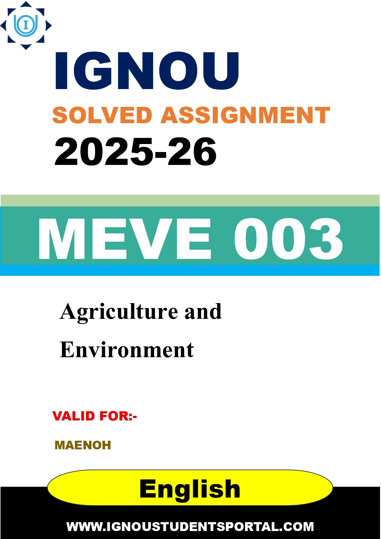 IGNOU MEVE 003 Solved Assignment 2025-2026: Agriculture and Environment (English Medium) | IGNOU Students Portal