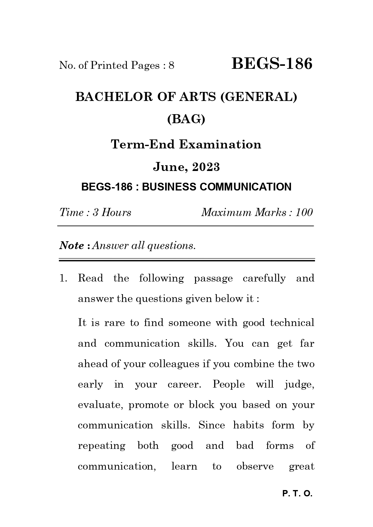 IGNOU BEGS 186 Solved Previous Year Question Paper – June 2023 (English Medium) – Download PDF