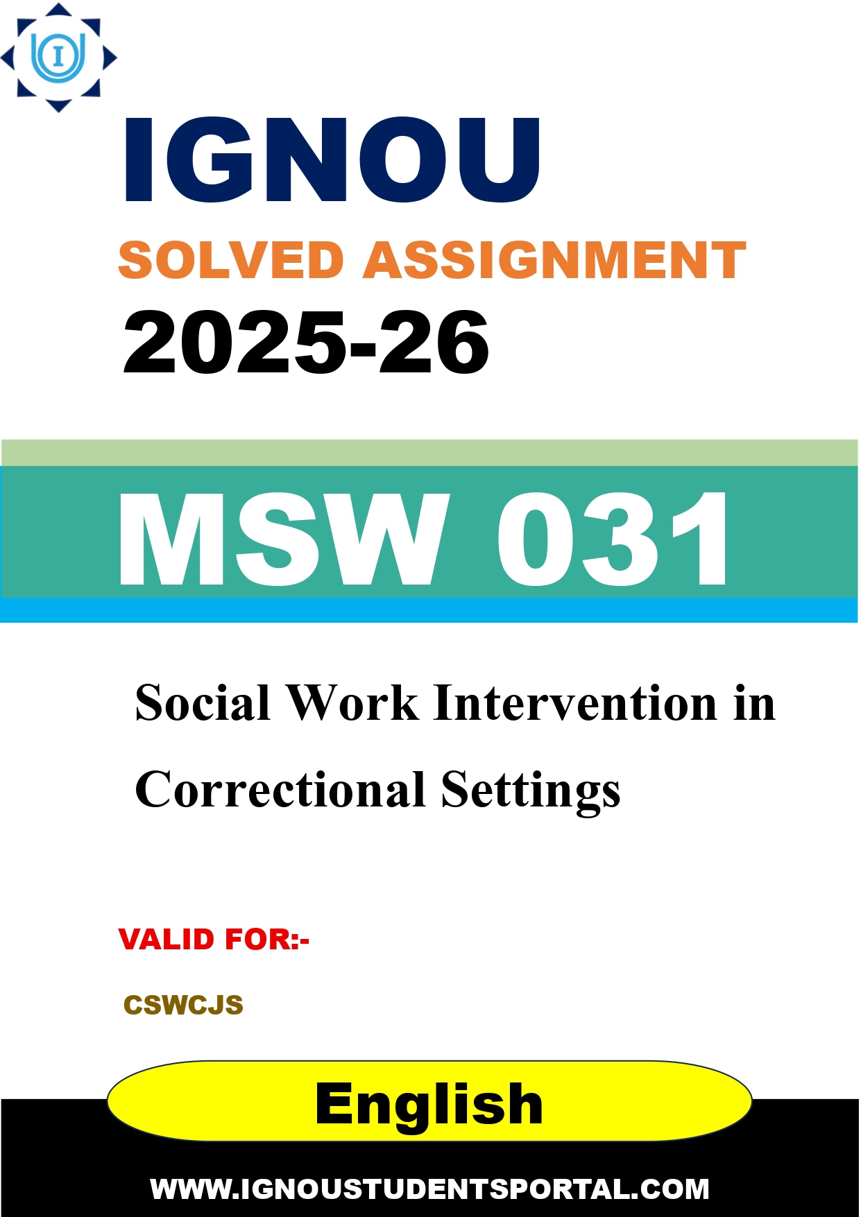 IGNOU MSW 031 Solved Assignment 2025-2026: Social Work Intervention in Correctional Settings (English Medium) | IGNOU Students Portal
