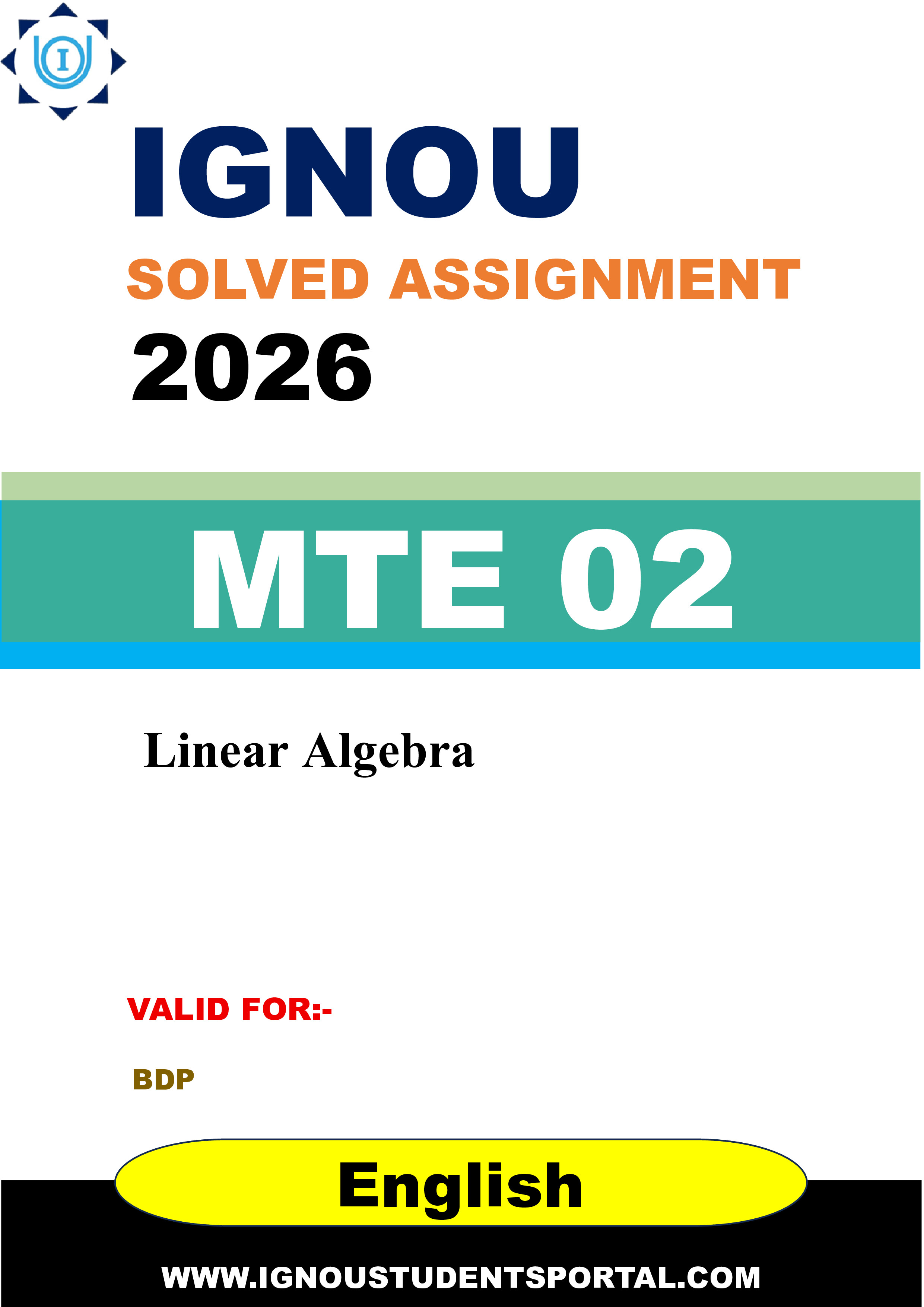IGNOU MTE 02 Solved Assignment 2026-26: Linear Algebra (MTE 02) (English Medium) | IGNOU Students Portal