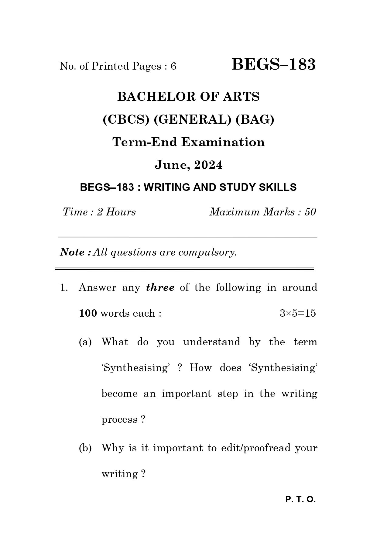 IGNOU BEGS 183 Solved Previous Year Question Paper –JUNE 2024 (ENGLISH Medium) – Download PDF